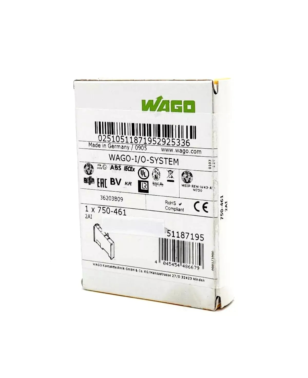 Packaging of Wago 750-461 2-Channel Analog Input Module with labeling and barcodes.
