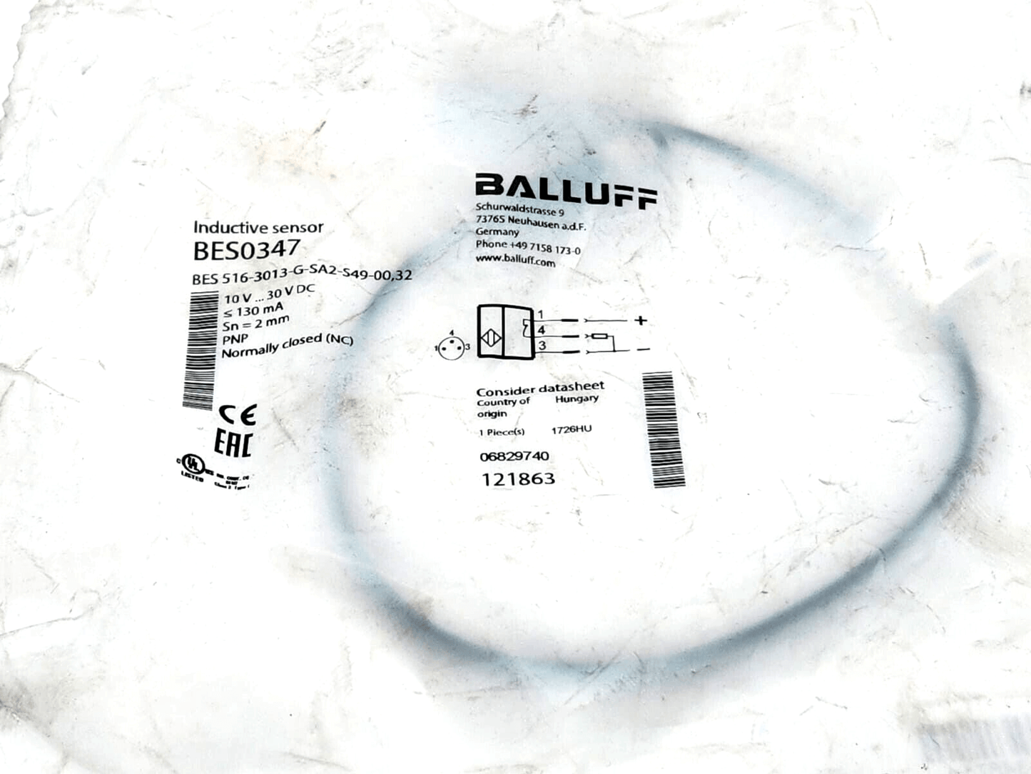 Balluff BES0347 Induktive Standardsensoren packaging with specifications and CE marking