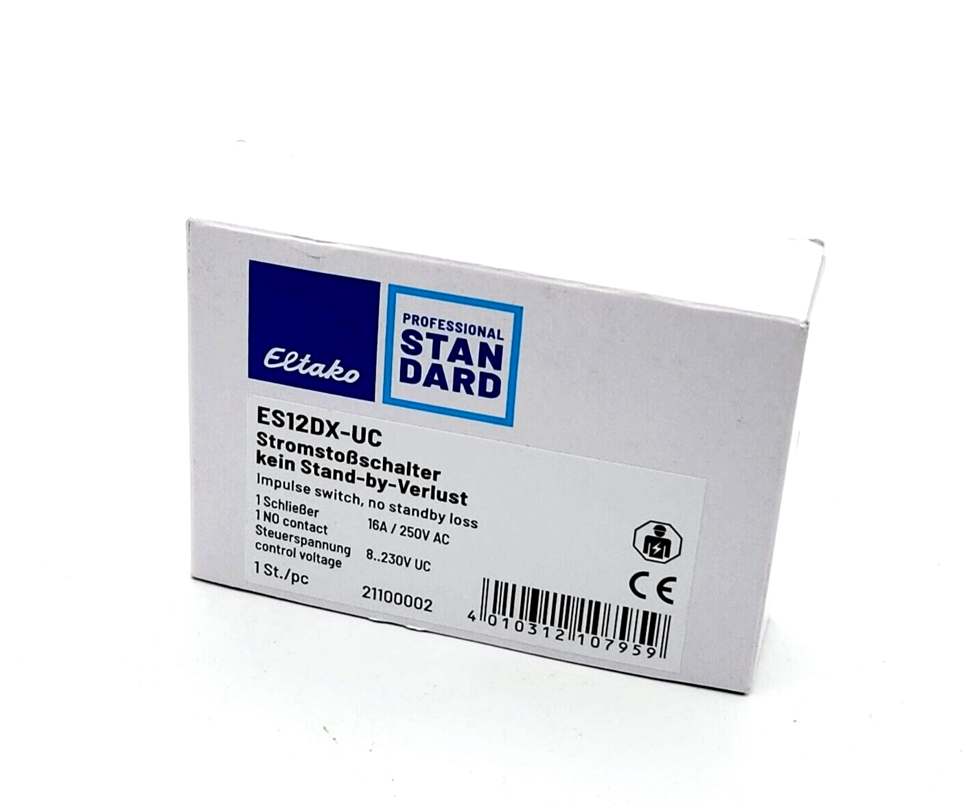 Eltako ES12DX-UC Stromstossschalter packaging, energy-efficient switch with no standby loss, 250V/16A, 100% duty, 1-pole design.