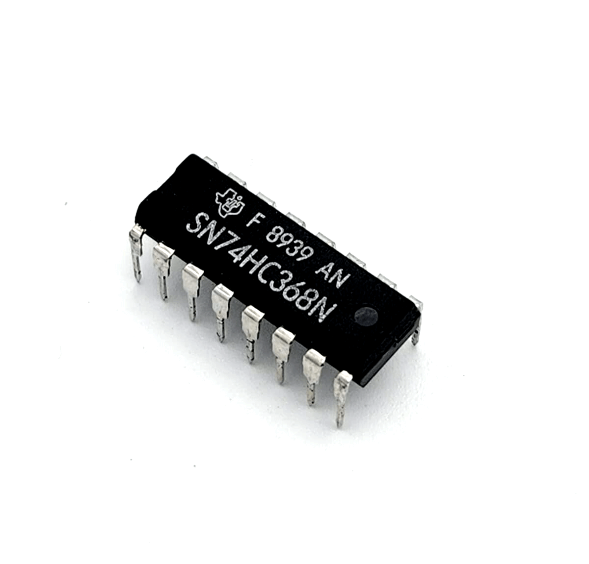 Texas Instruments SN74HC368N tri-state hex buffer driver, DIP16, black IC chip with eight metal pins, model number visible