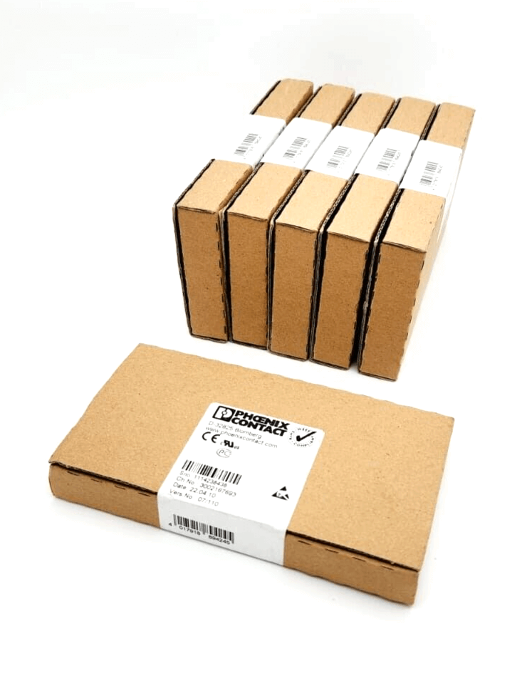 Phoenix Contact 2861302 Analogmodul product packaging in cardboard boxes, showing front labels and serial details.