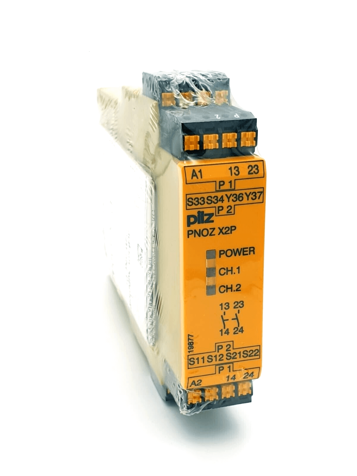 Pilz 787303 PNOZ X2P C safety relay device, 24VACDC, 2n/o, yellow casing, plug-in terminals, used for emergency stop and guard door monitoring.
