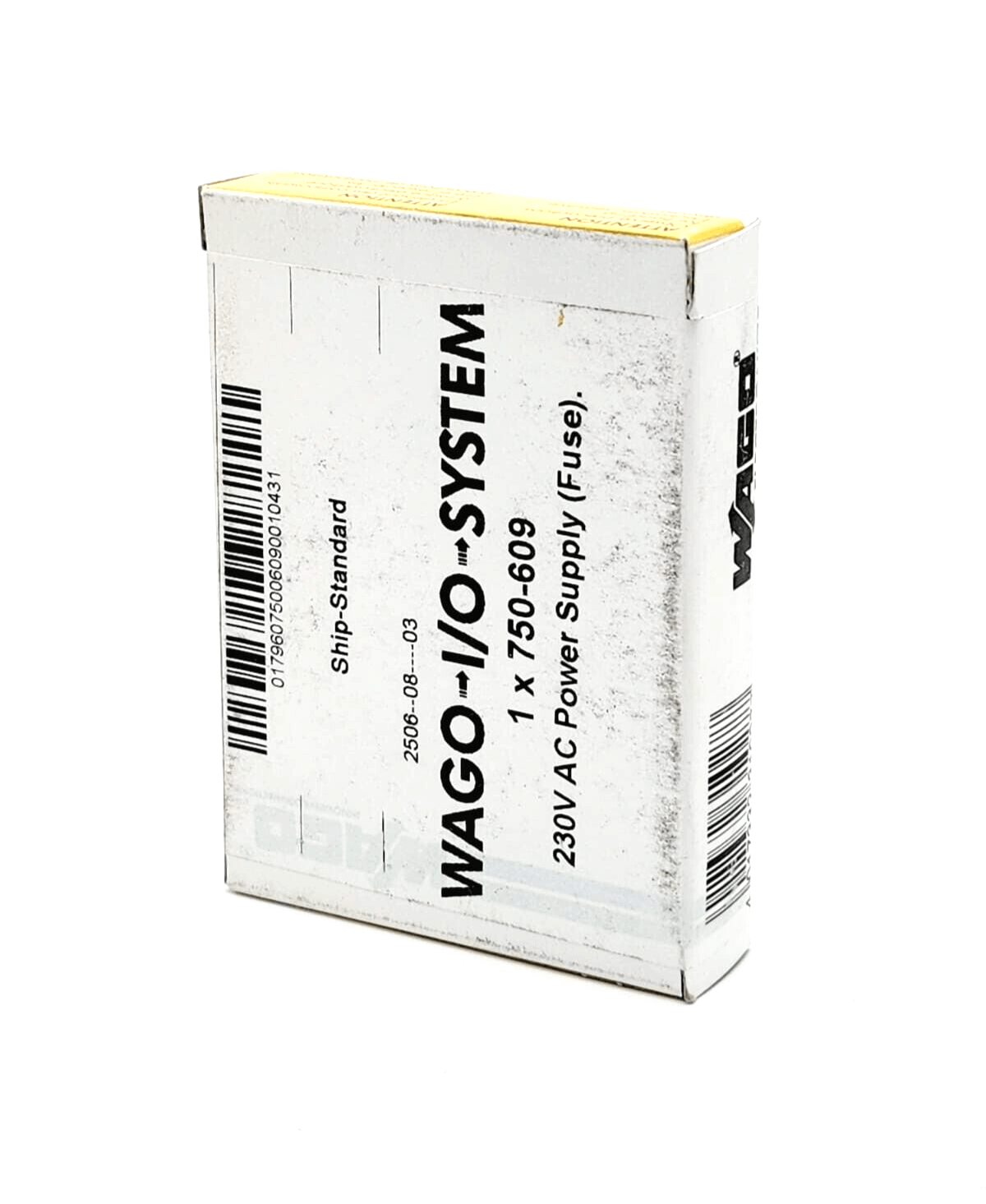 Wago 750-609 AC 230 V power supply with fuse holder, compatible with CAGE CLAMP® system, side view of packaging.