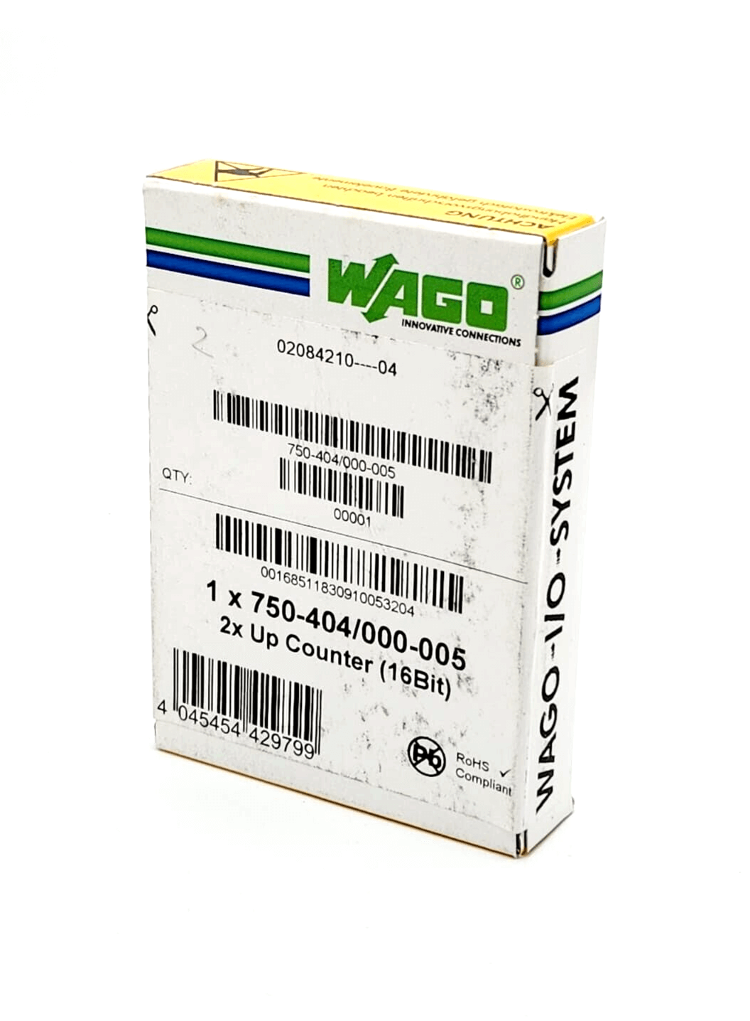 Wago 750-404/000-005 2x Up Counter 16 Bit in packaging, showing product label and specifications.