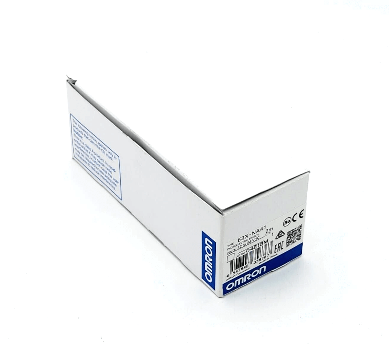 Omron E3X-NA41 2M Fotoschalter packaging, featuring product details and Omron logo on a white box.