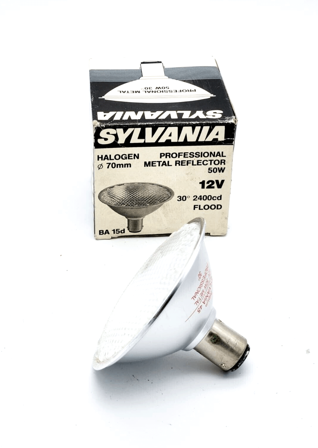 Sylvania Metal Professional Reflector 70mm 12V 50W 30° Flood Halogen Bulb with BA15d base, shown with packaging.