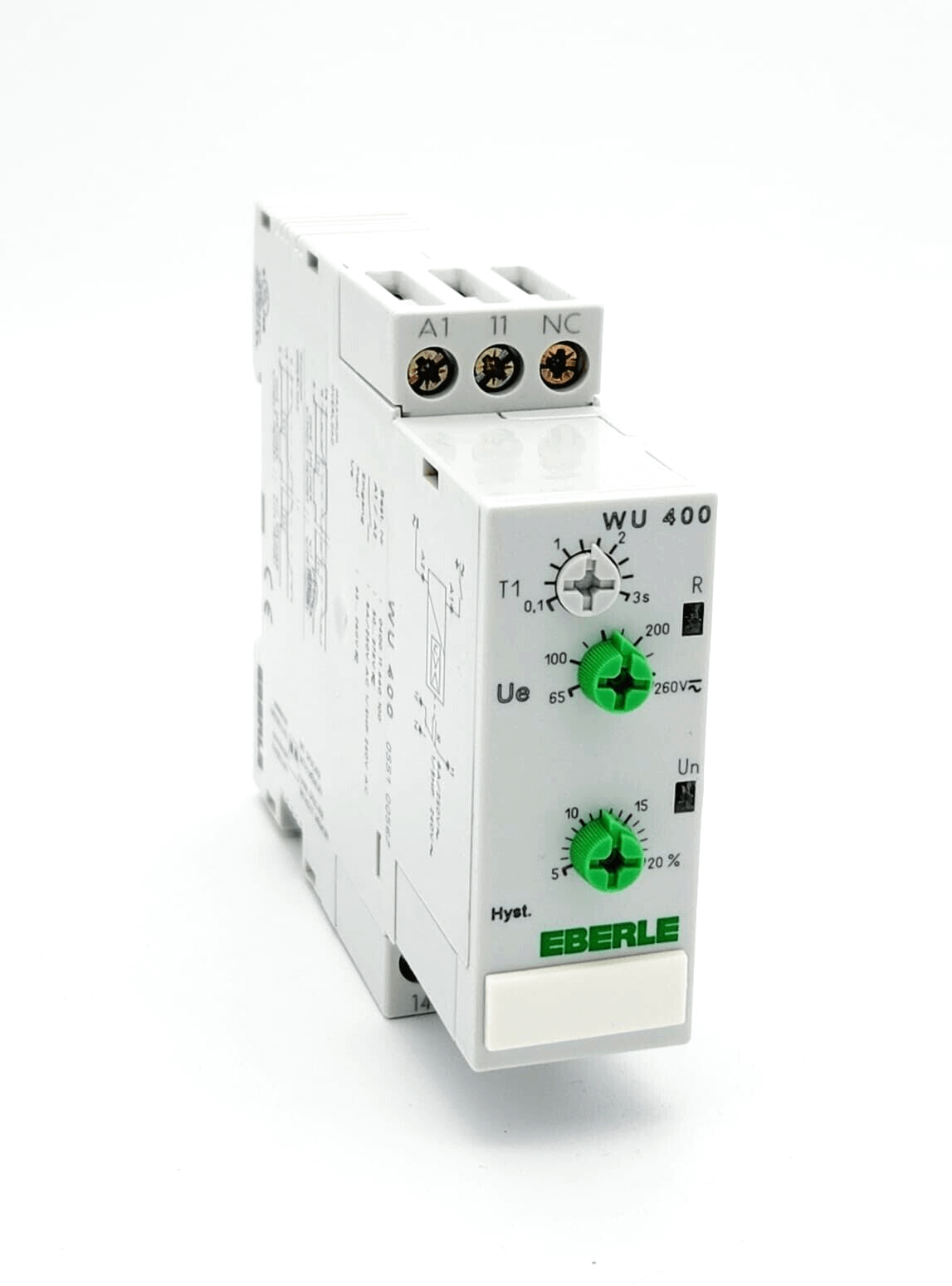 Eberle WU400 Spannungswächter AC 8A/250V voltage monitor with green dials and model number 055100565, showing side view.