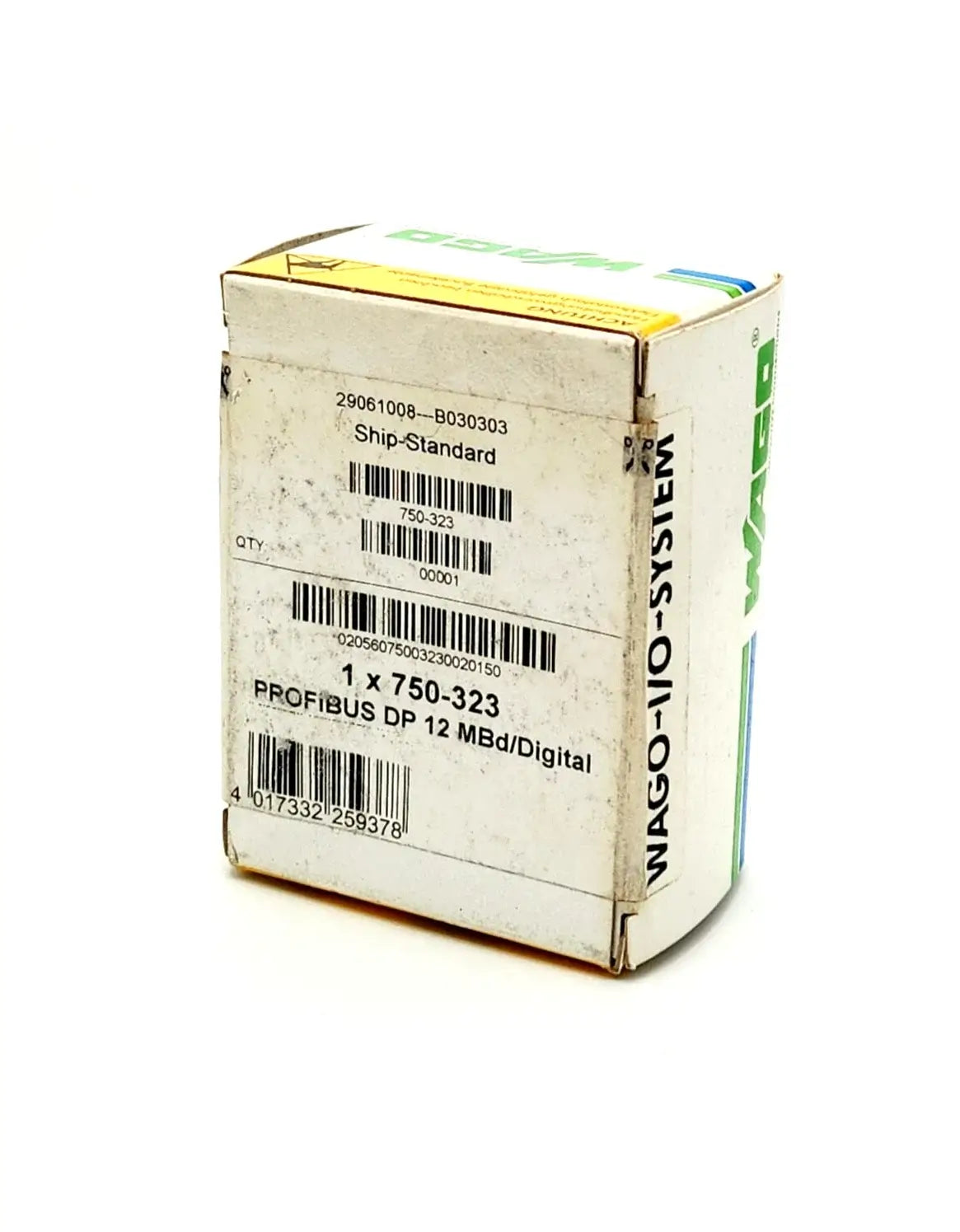 Sealed WAGO 750-323 PROFIBUS DP 12MBd Digital fieldbus coupler packaging, showing product labels and serial numbers.