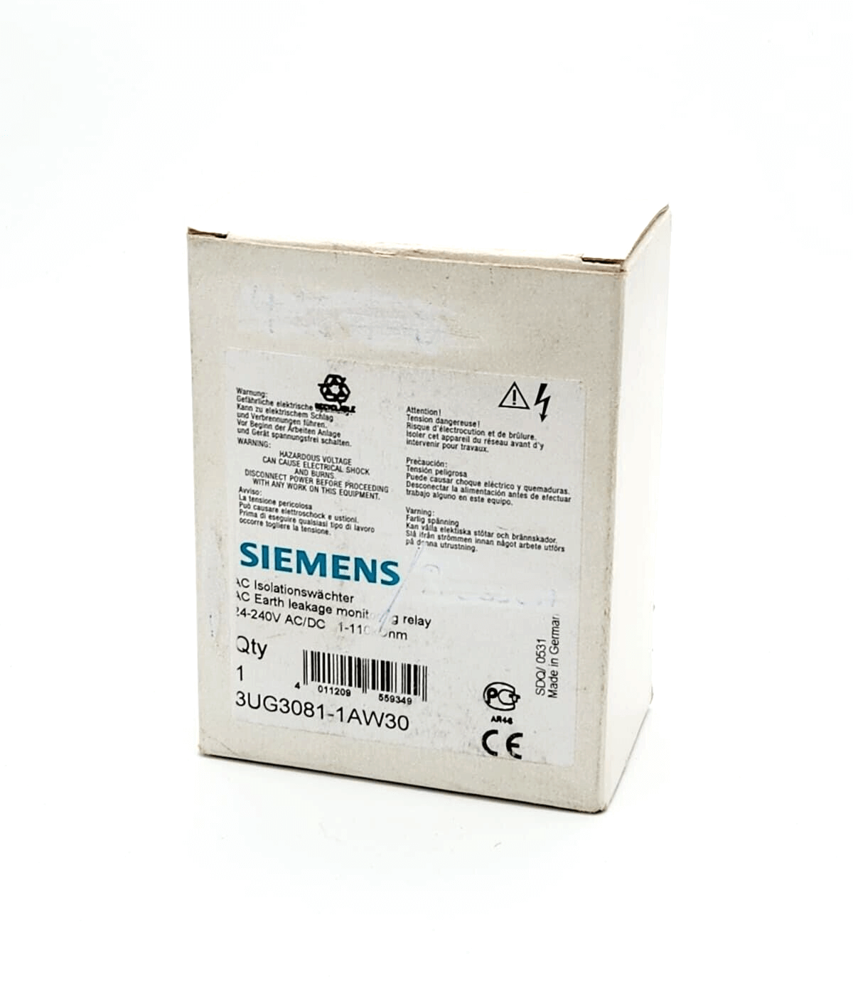 Packaging for Siemens 3UG3081-1AW30 isolation monitor for ungrounded AC networks, suitable for AC/DC 24-240V applications.