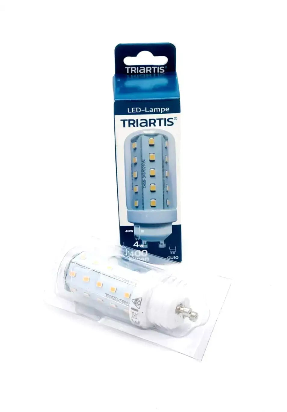 Triartis 610020 LED bulb, tubular design, 4W=40W, GU10 base, clear warm white light, 400 lm, 360° beam angle, energy class A+.