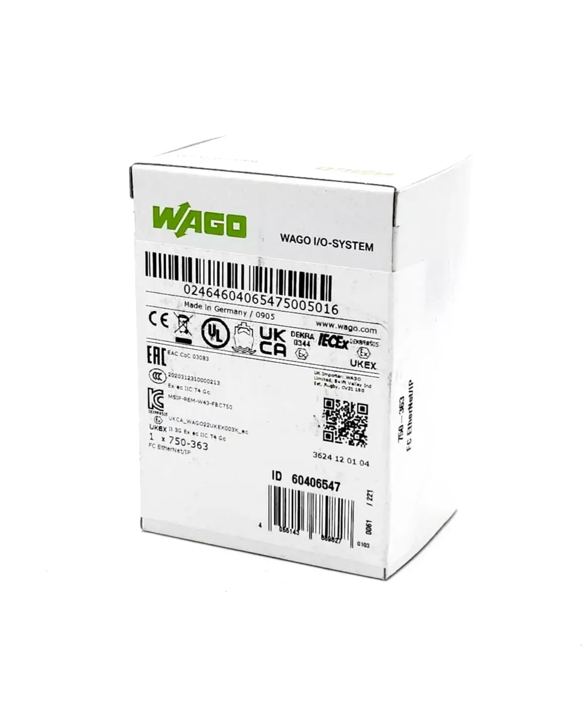Wago 750-363 EtherNet/IP 4th Gen ECO Fieldbus Coupler packaging box with product information and labels.