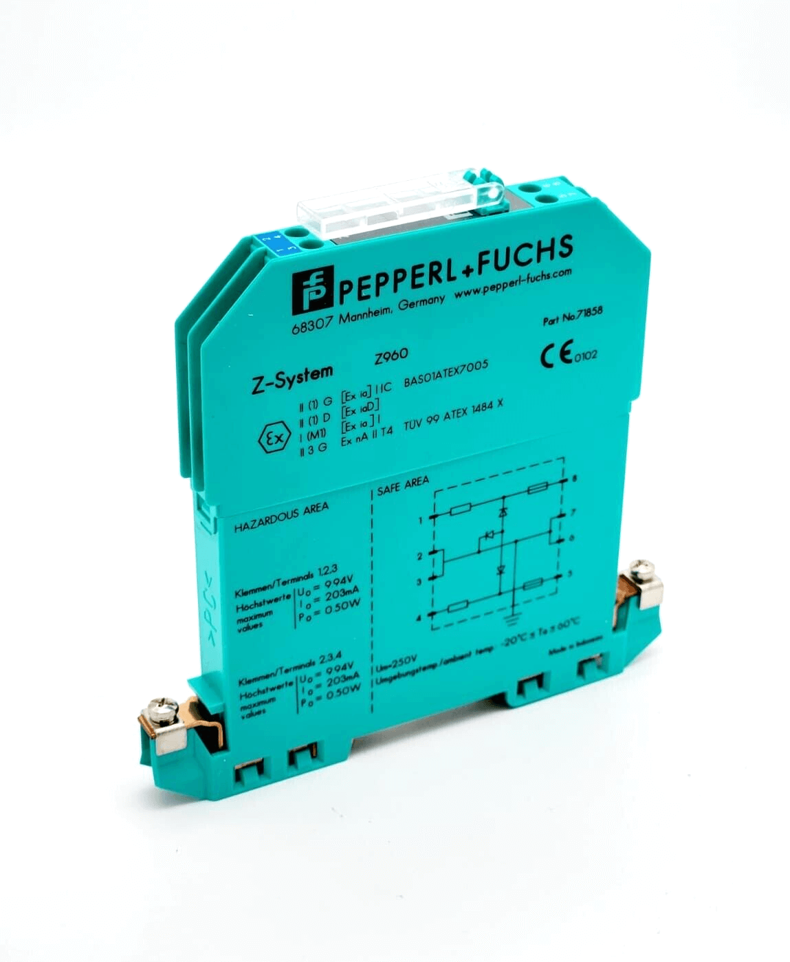 Pepperl+Fuchs Z960 Zener barrier 071858 for AC systems, 2-channel, 6.5V at 10µA, 64Ω resistance, 50mA fuse, DIN rail mount.