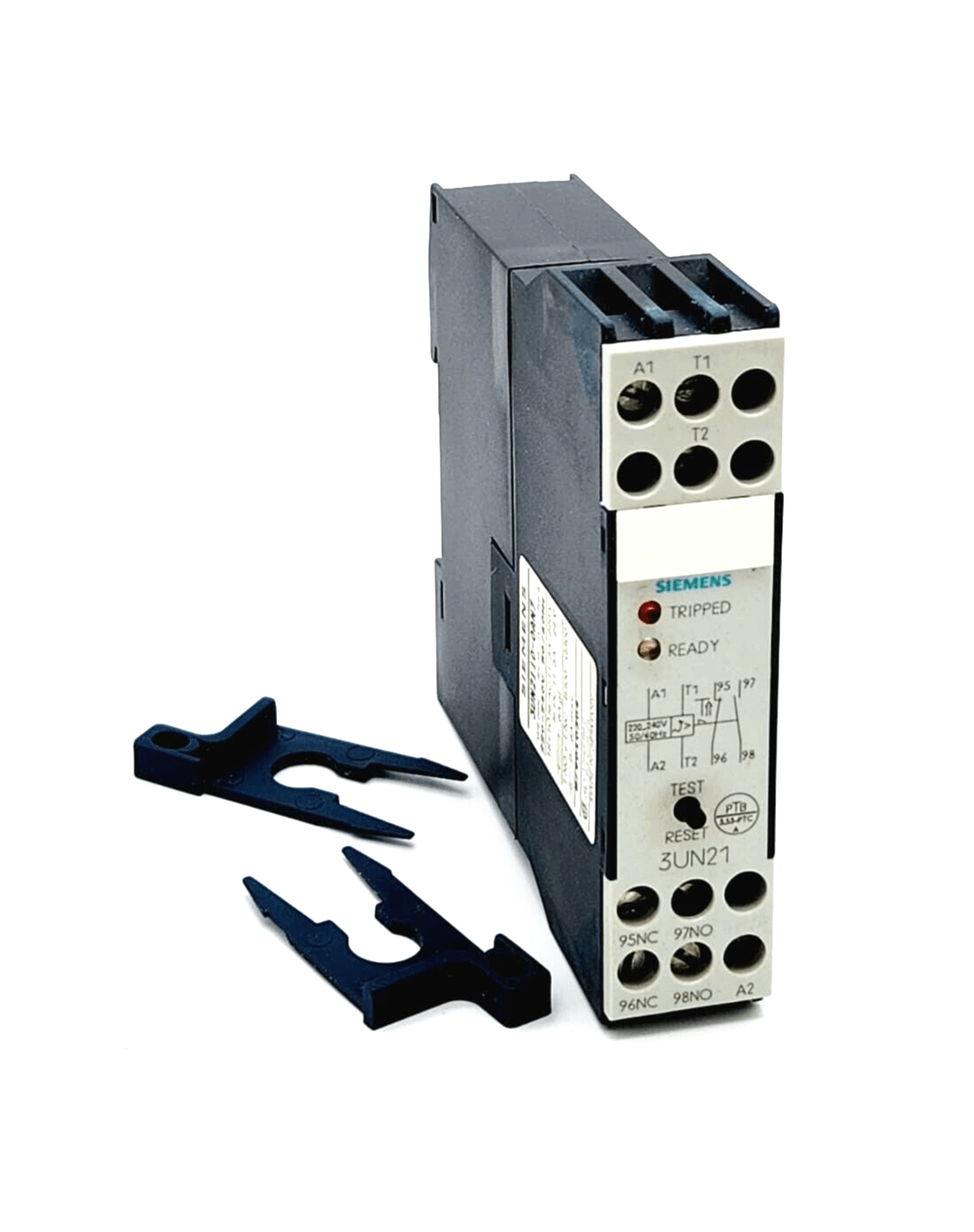 Siemens 3UN2110-0AN7 Thermistor-Motorschutz with 2 LEDs and connectors, 220-240V, 50/60Hz. Black plastic housing.