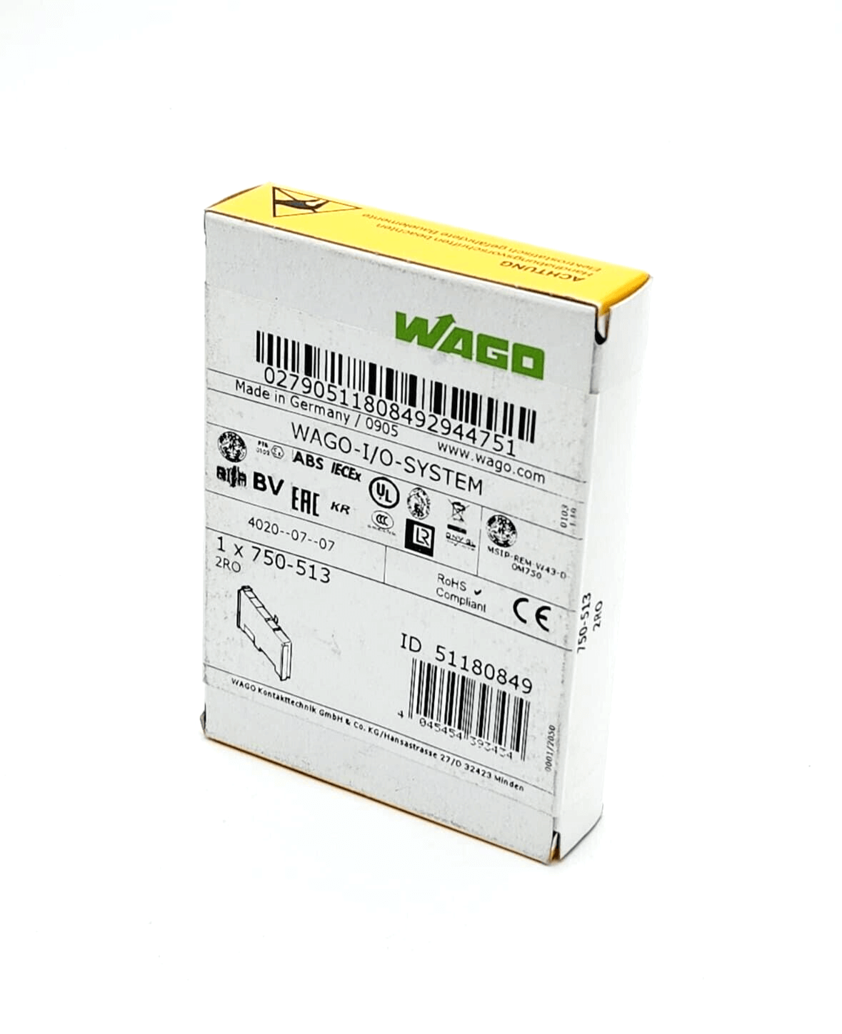 Wago 750-513 2-channel relay output packaging displaying technical specifications, potential-free, AC 250V, 2.0A, 2 NO contacts.