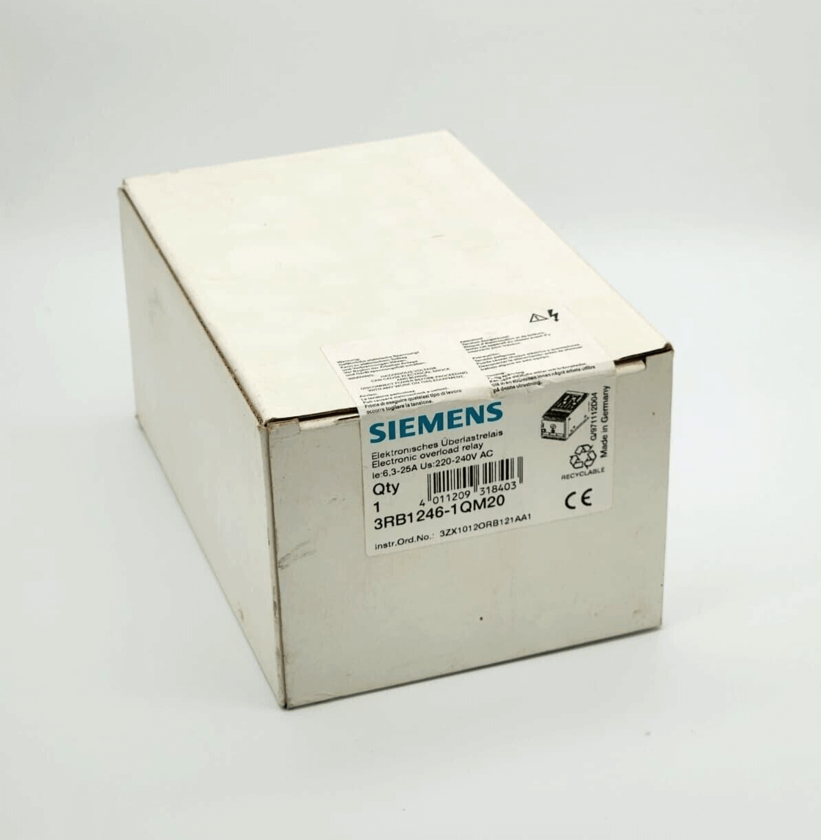 Siemens 3RB1246-1QM20 overload relay box for motor protection BGR S00/S0 with specifications label.