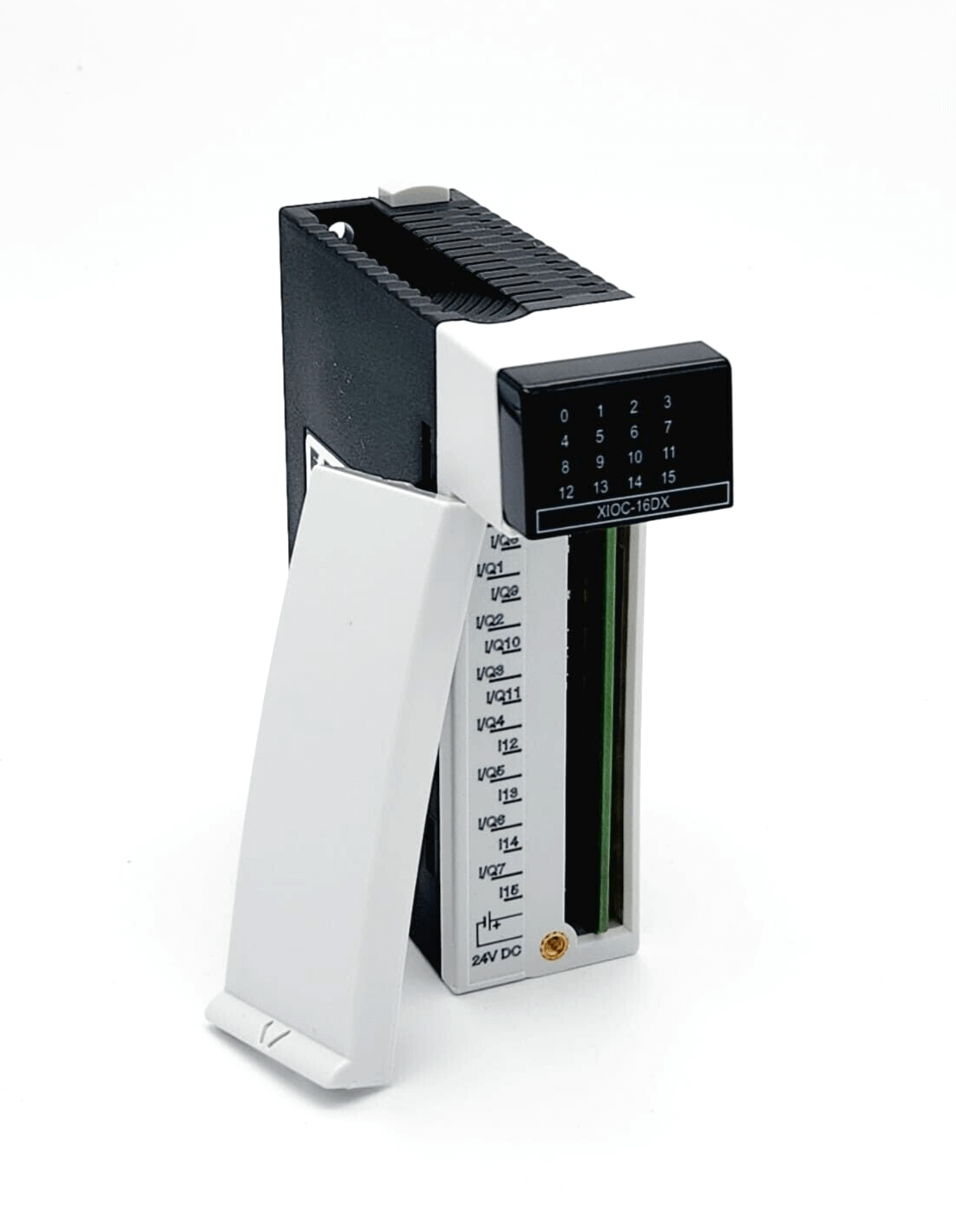 Eaton 262322 XIOC-16DX digital I/O module for XC100/200 controllers, 24VDC, showing connection ports and module design.