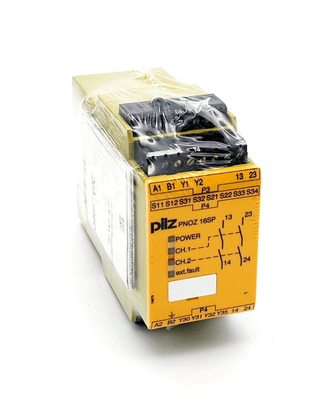 Pilz 777070 PNOZ 16SP safety relay, 24V AC/DC, 2n/o outputs, yellow casing with plug-in terminals, 45mm width.