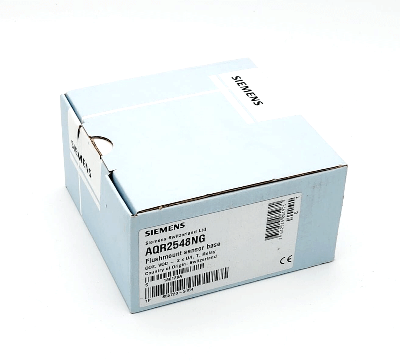 Blue box for Siemens AQR2548NG sensor base with VOC and CO2 measurement capabilities, packaging details visible.