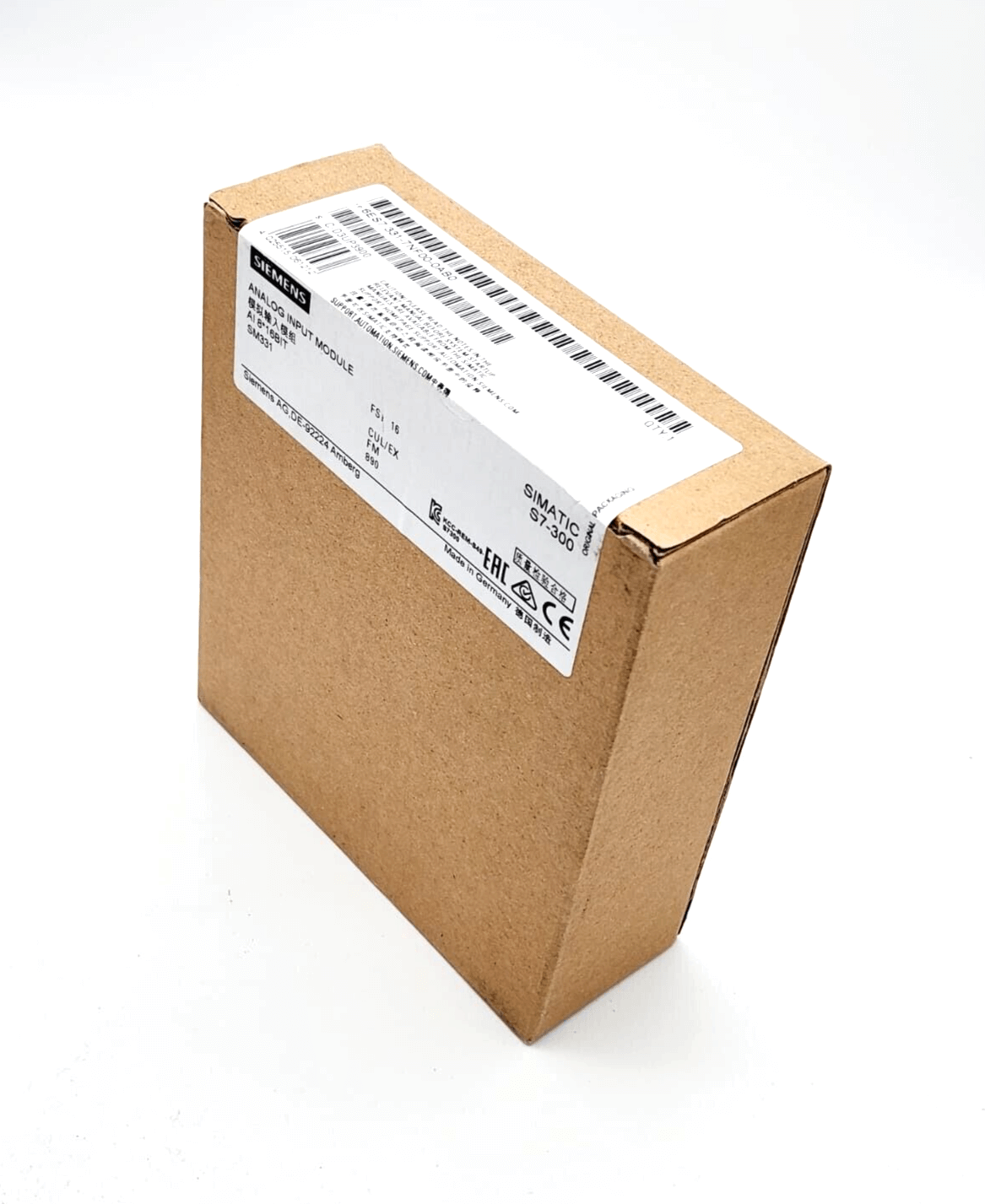 Packaging box of Siemens 6ES7331-7NF00-0AB0 SIMATIC S7-300 Analogeingabe module with product label visible.