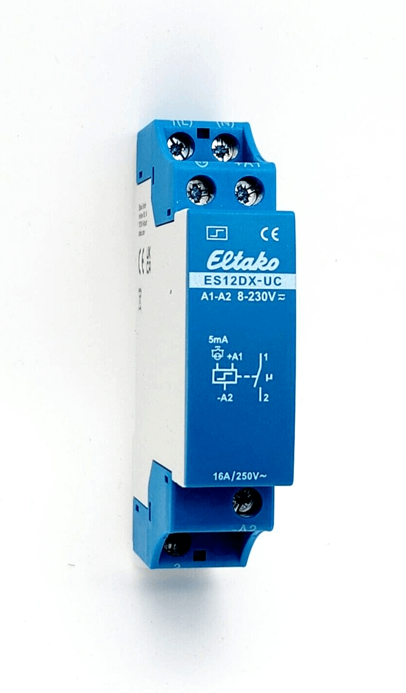 Eltako ES12DX-UC electronic relay switch, 35mm DIN rail mounting, with duplex technology, no standby loss, 16A contact rating.