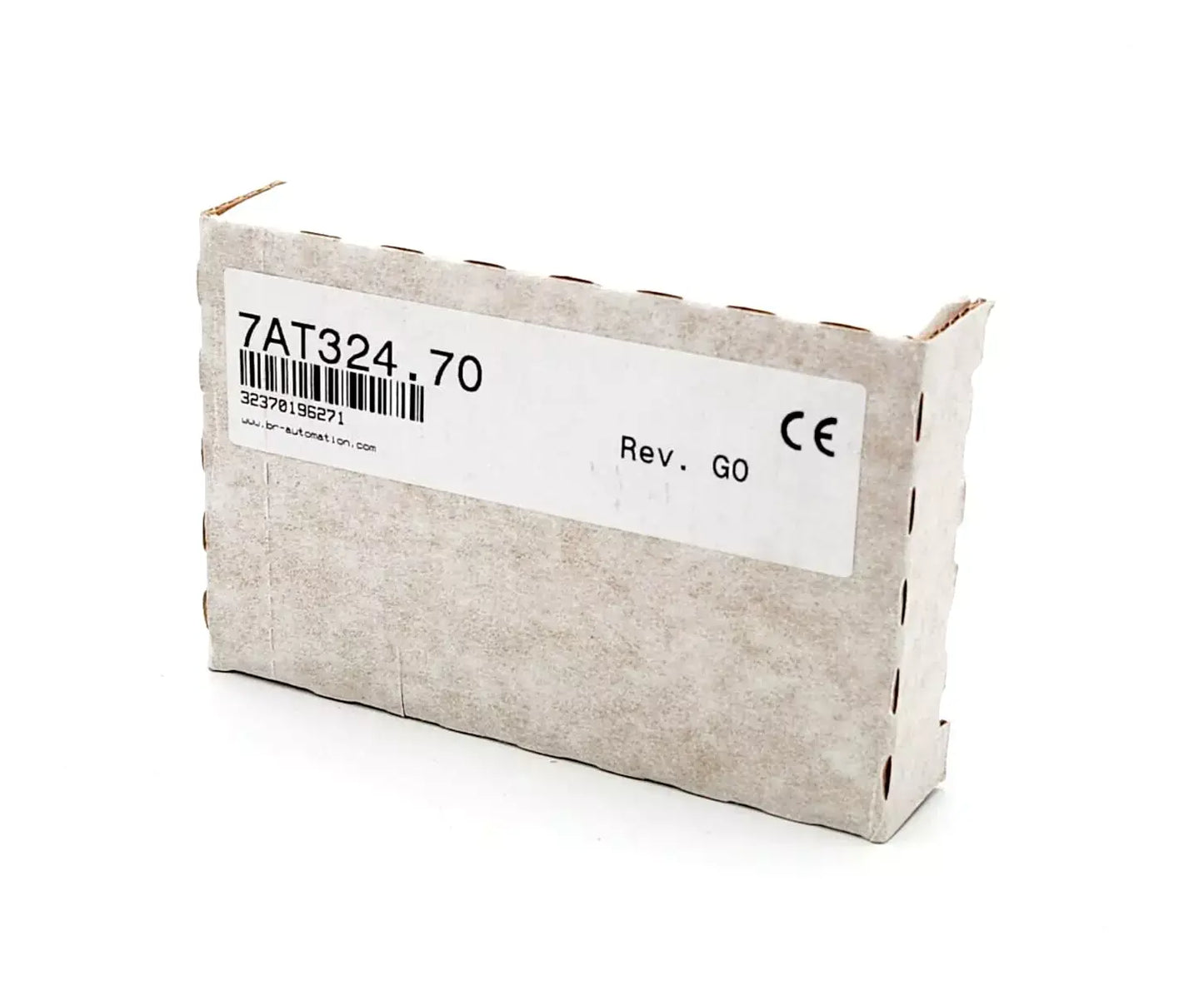 B&R 7AT324.70 analog input module packaging with product label showing technical specifications and CE mark.