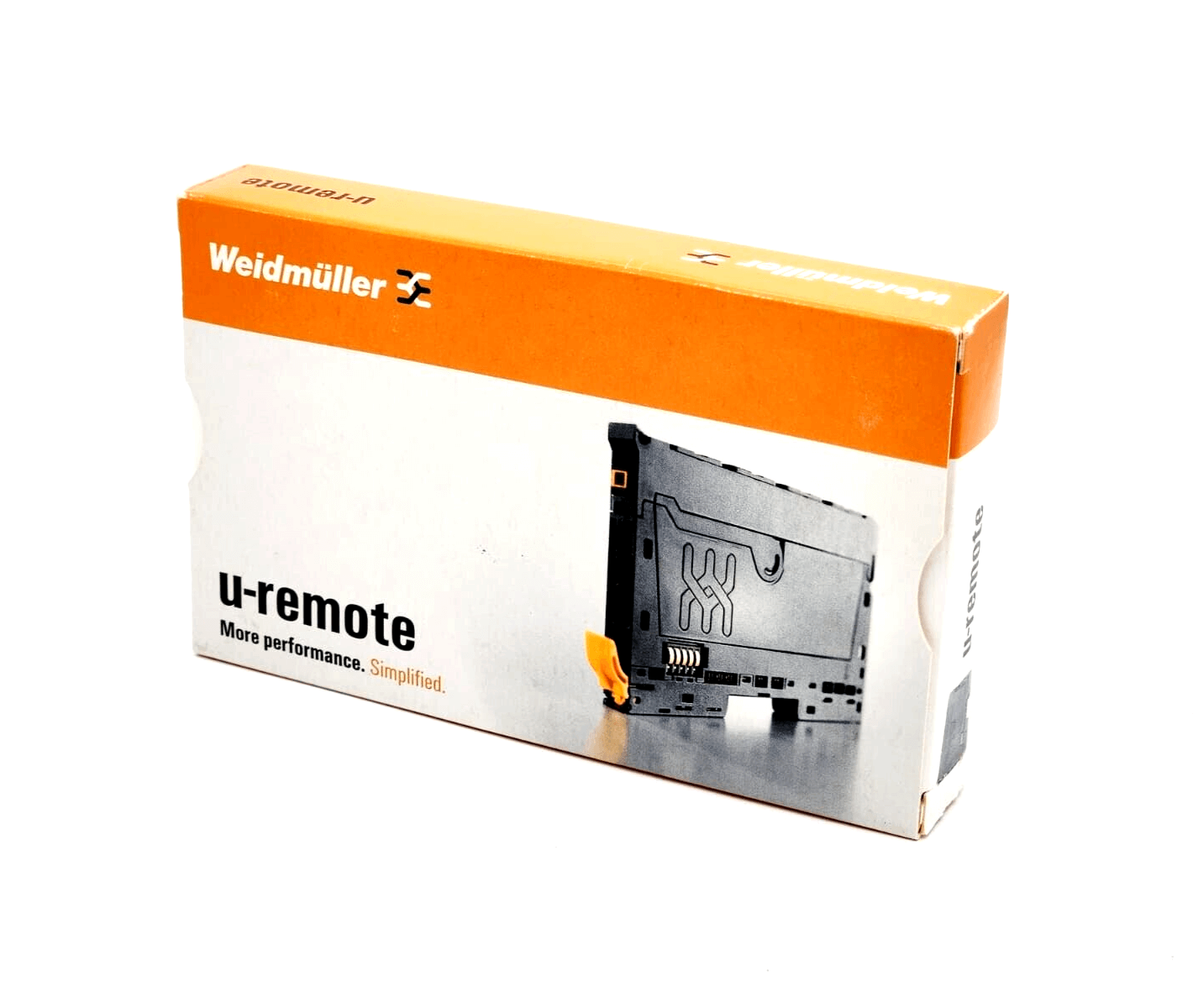 Weidmüller u-remote package showing the analog input module box with branding and product image, isolated on white background.