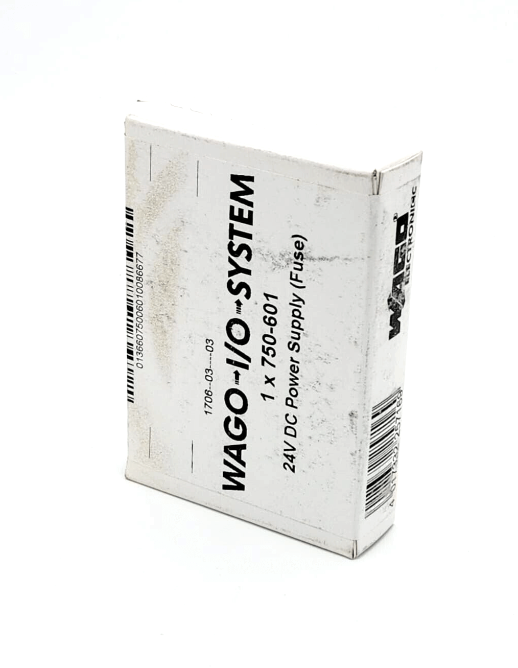 Wago 750-601 24V DC power supply potential feed packaging with fuse holder on white background