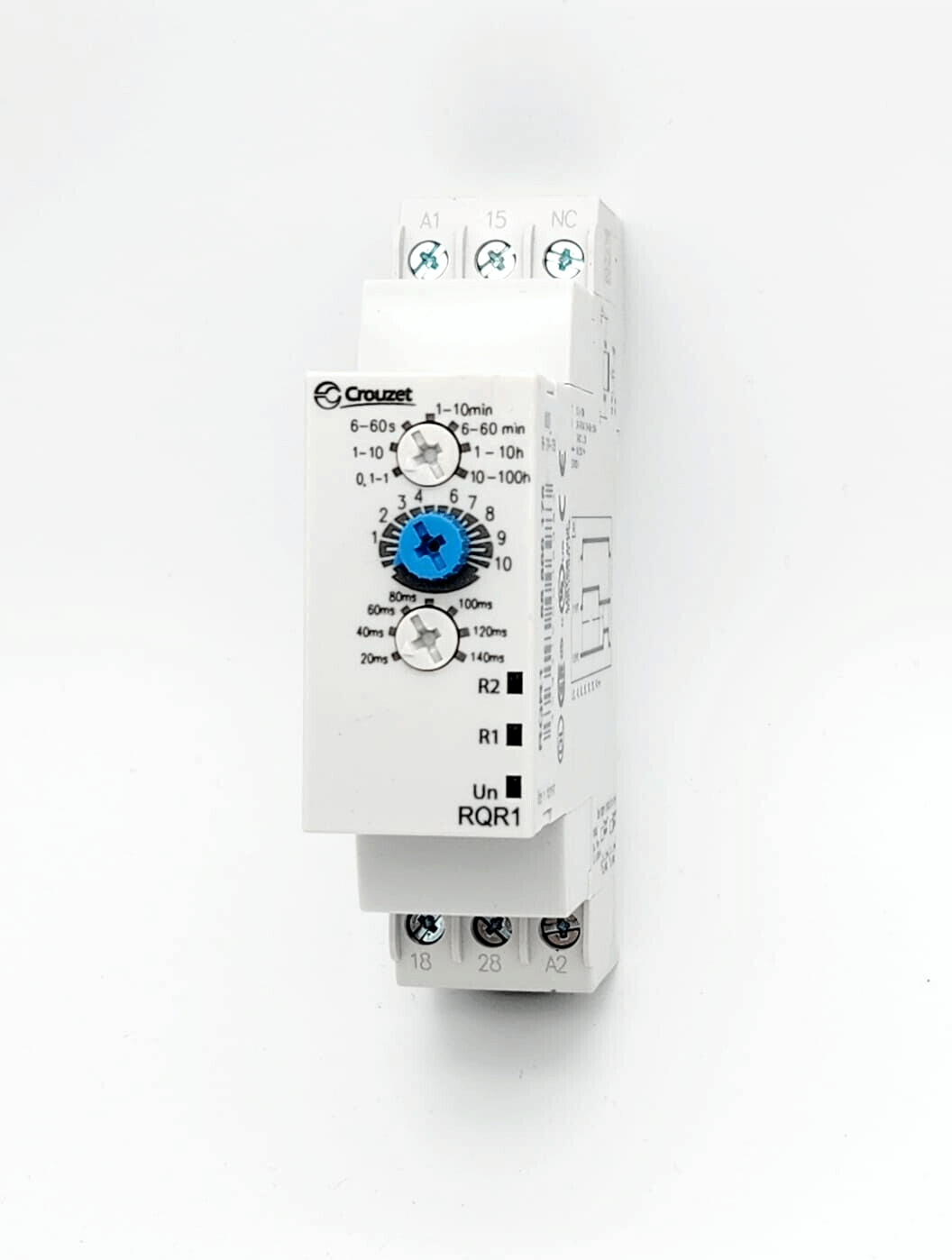 Crouzet 88866175 RQR1 multifunctional time relay, 250V AC, 8A, 2 signal contacts, adjustable time range, white body, front view.