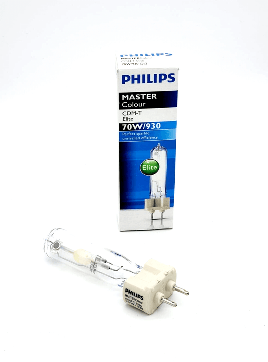 Philips MASTER colour CDM-T Elite 70W/930 GX12 light bulb in packaging, energy-efficient warm white lighting solution.