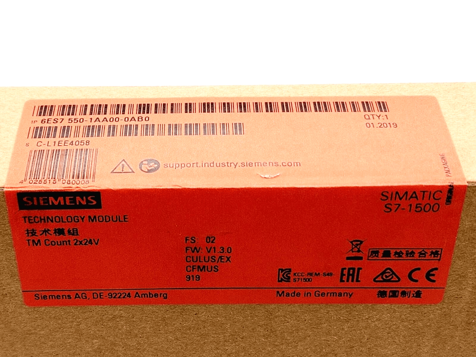 Sealed Siemens 6ES7550-1AA00-0AB0 SIMATIC S7-1500 Zählerbaugruppe box, new and original packaging.