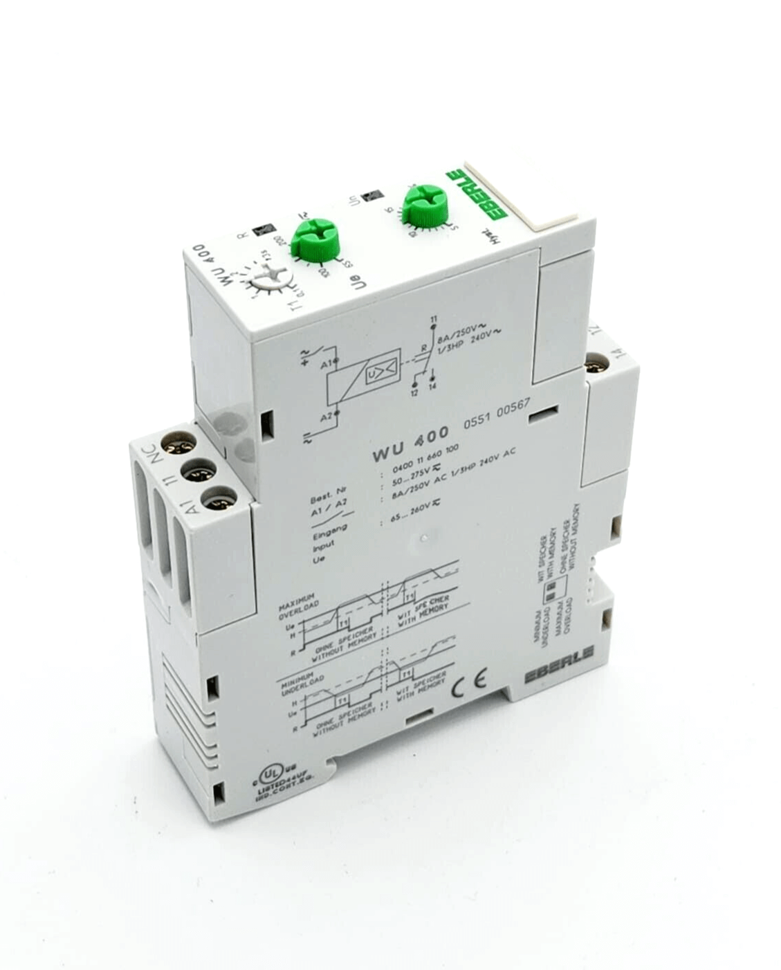 Eberle 055100565 WU400 Spannungswächter AC 8A/250V 0551 00565, new and packaged, voltage monitoring relay, white device with green knobs.