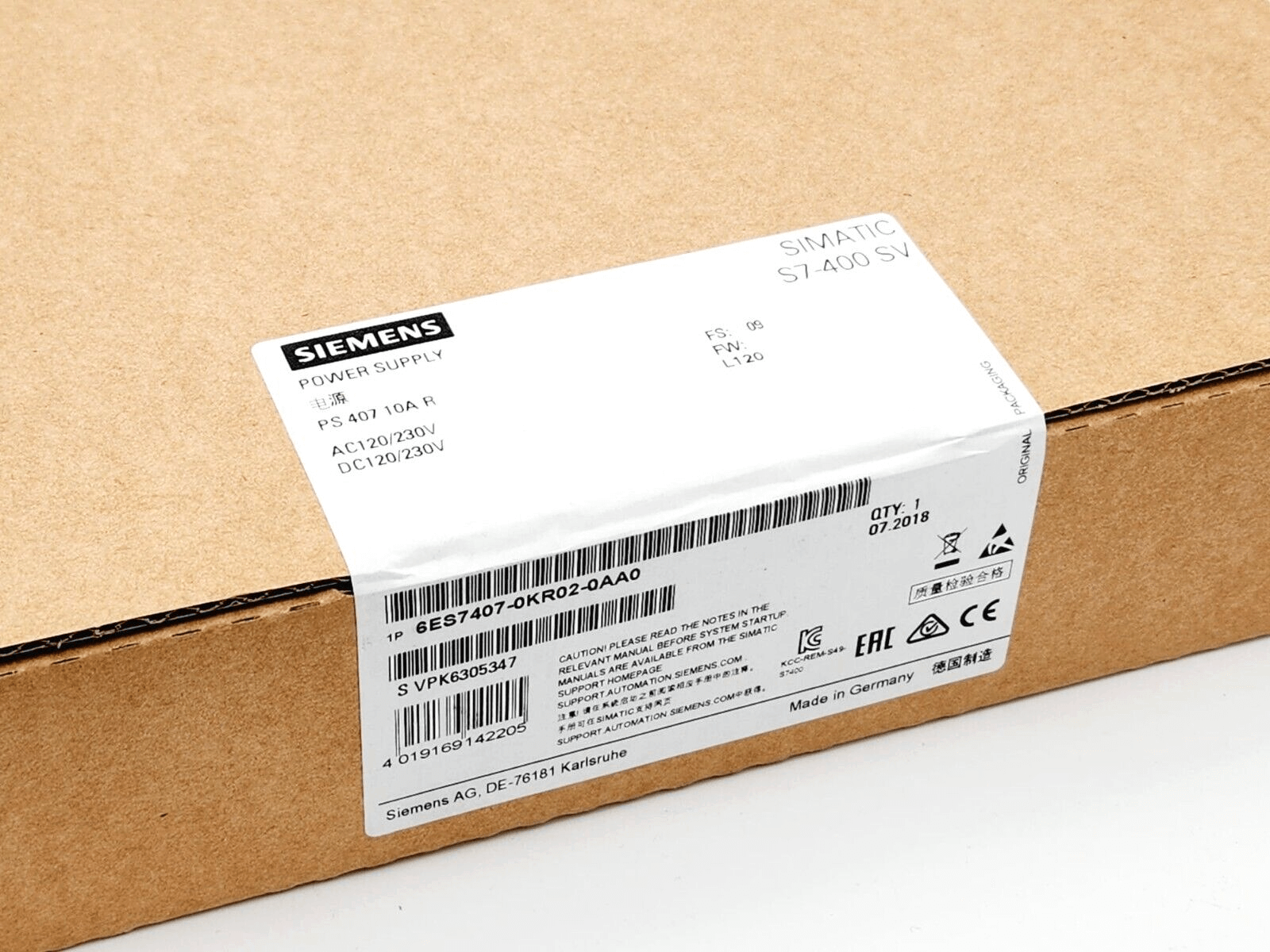 Sealed box of Siemens 6ES7407-0KR02-0AA0 SIMATIC S7-400 power supply module, original packaging.