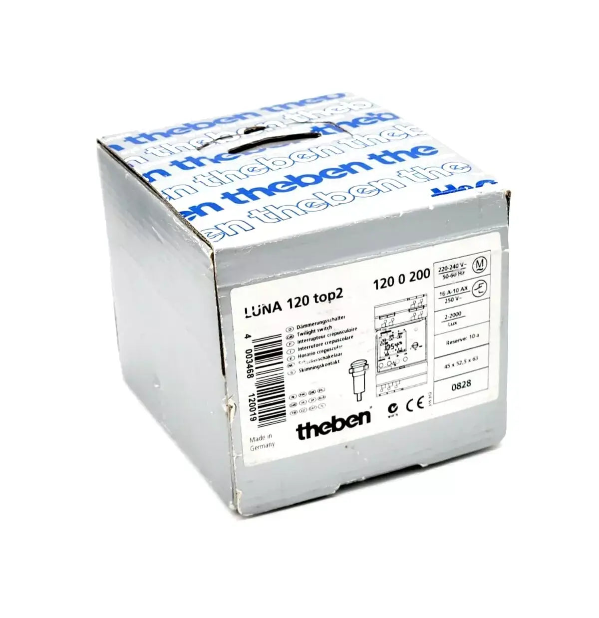 theben 1200200 LUNA 120 top2 Dämmerungsschalter box, showing product label and specifications.