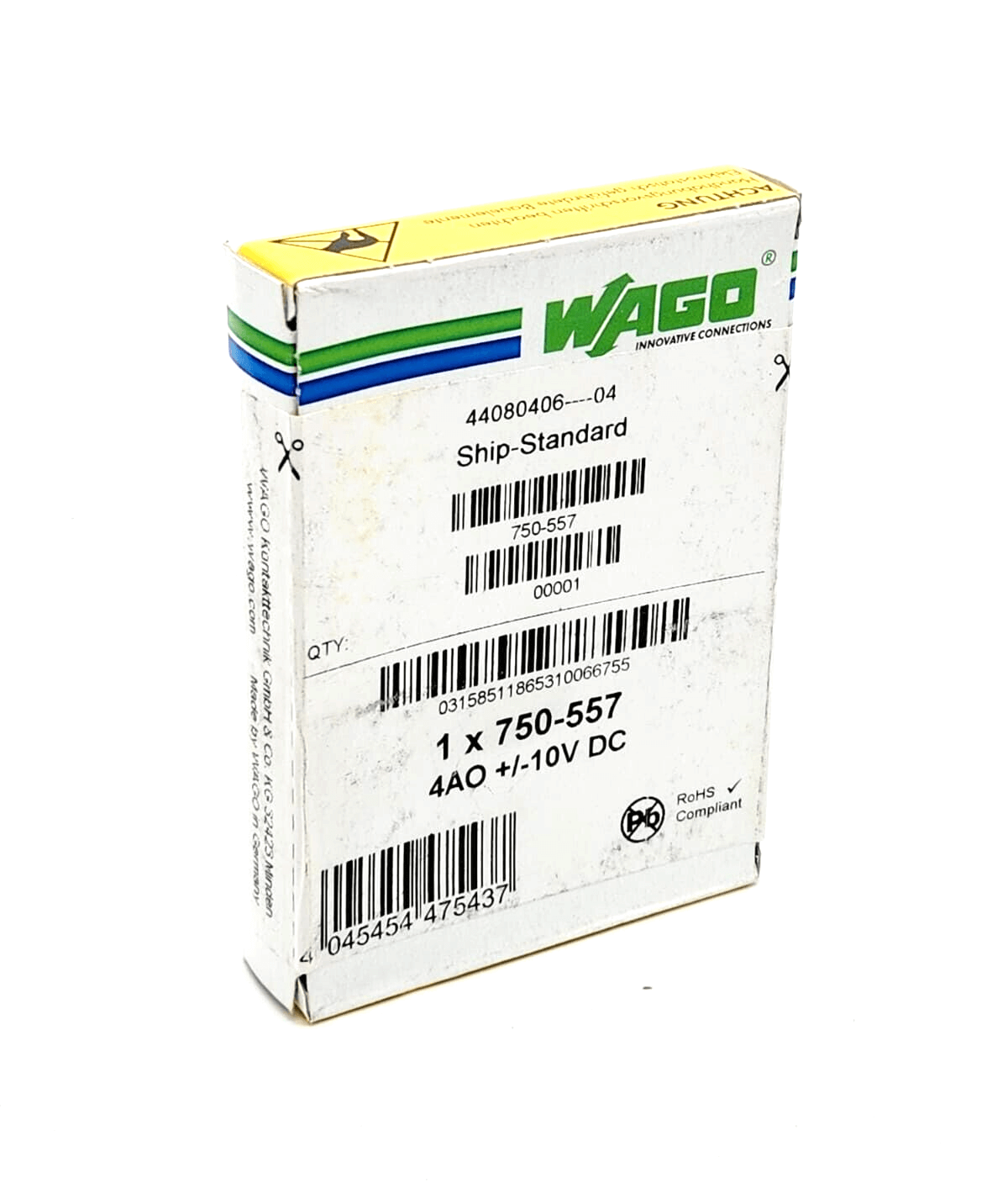 Wago 750-557 4-Kanal-Analogausgang DC ±10 V packaging, showing product details and barcodes on the box.
