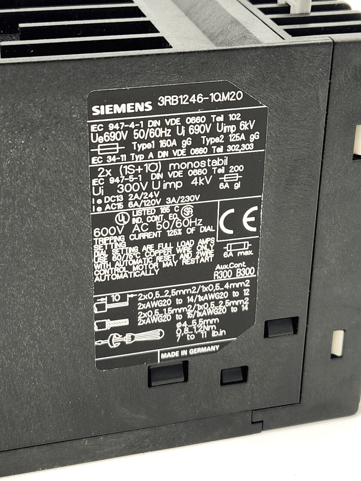Siemens 3RB1246-1QM20 overload relay label with specifications and technical details.