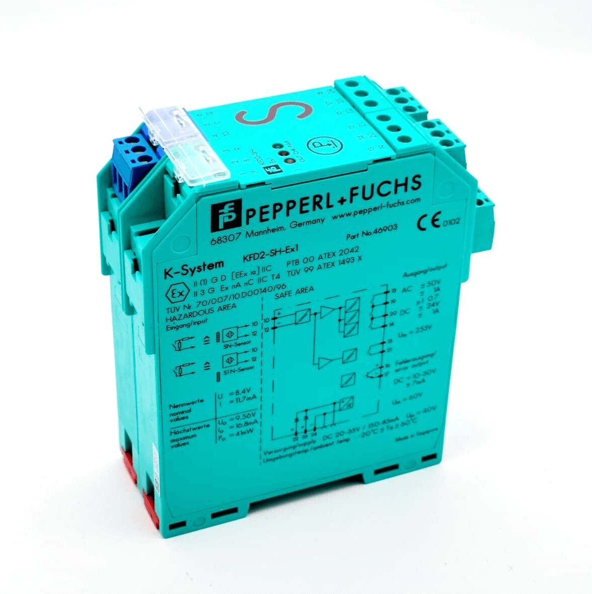 Pepperl+Fuchs KFD2-SH-EX1 Schaltverstärker with green casing, electronic components, and safety certifications.