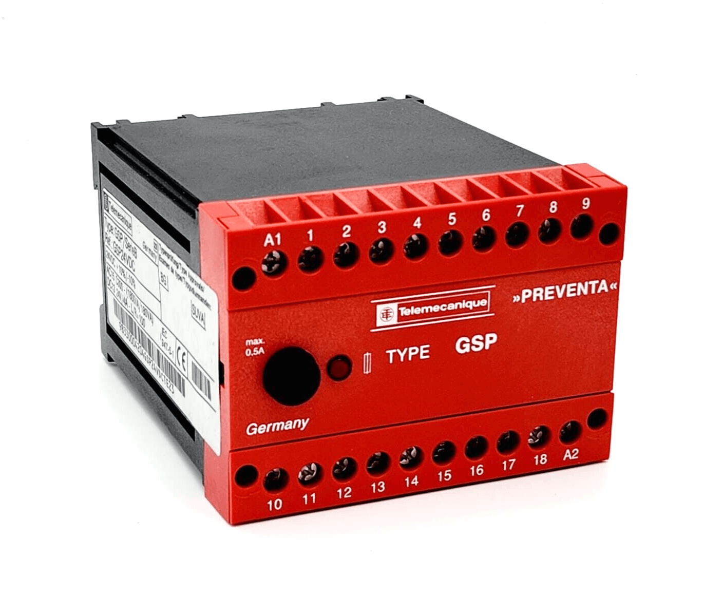 Telemecanique 021818 GSP24VDC monitoring module for injection molding machines, red and black electronic component.