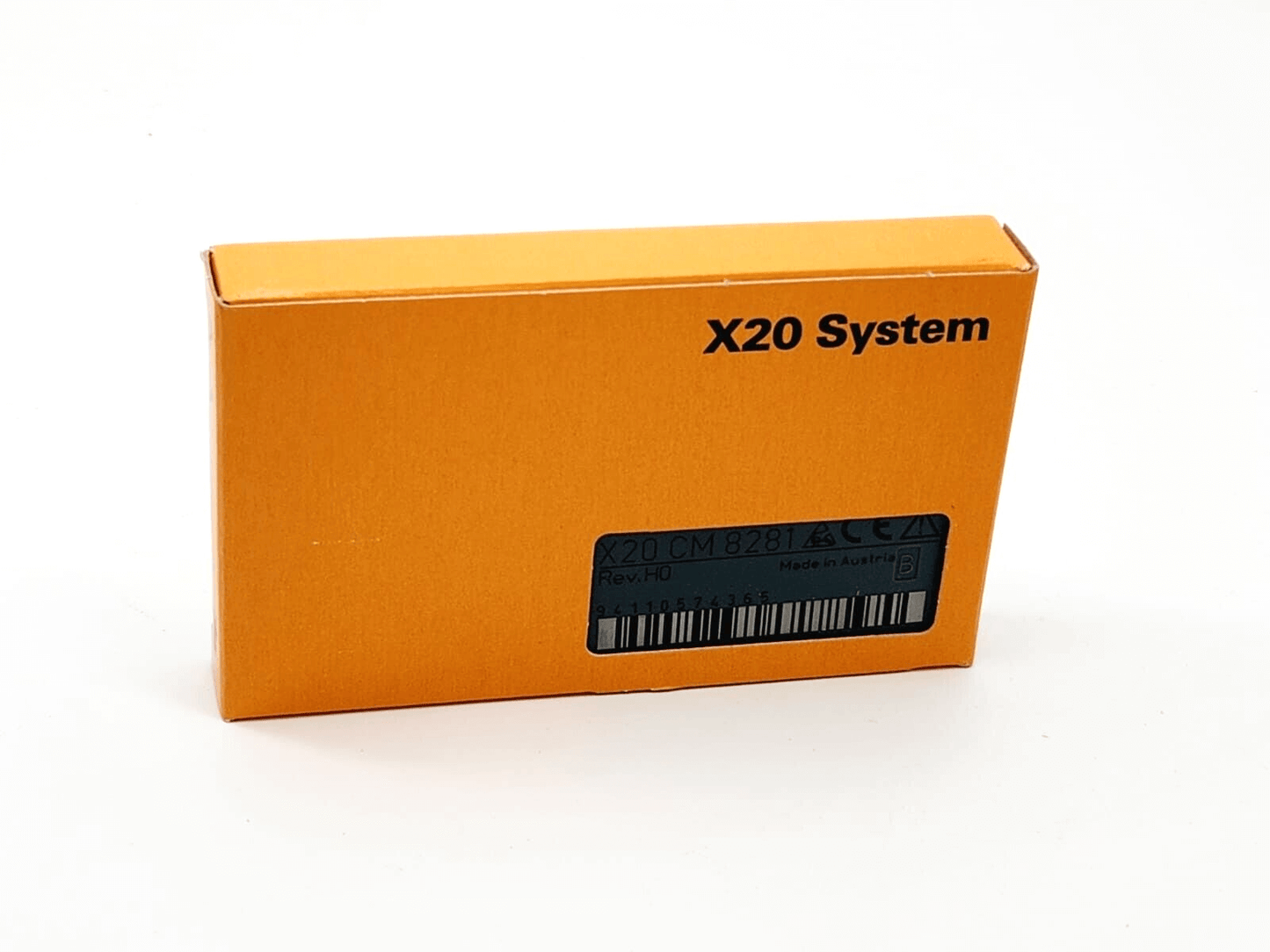 B&R X20CM8281 control module packaging with product label, featuring digital and analog inputs and outputs in orange box.