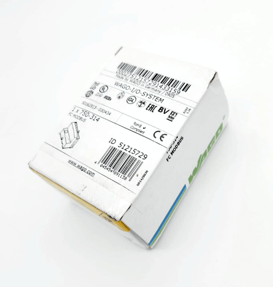Sealed box of Wago 750-314 Feldbuskoppler MODBUS RS-232 19,2 kBd showing product details and barcode