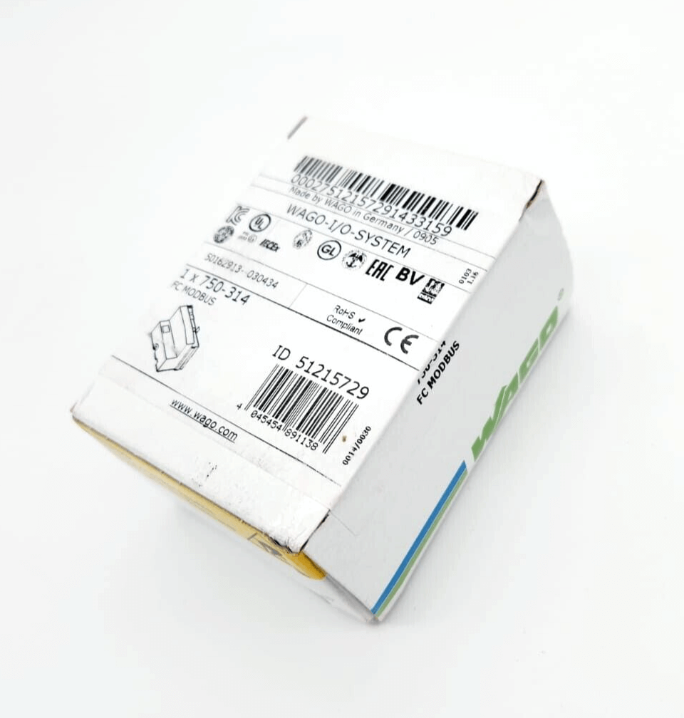 Sealed box of Wago 750-314 Feldbuskoppler MODBUS RS-232 19,2 kBd showing product details and barcode