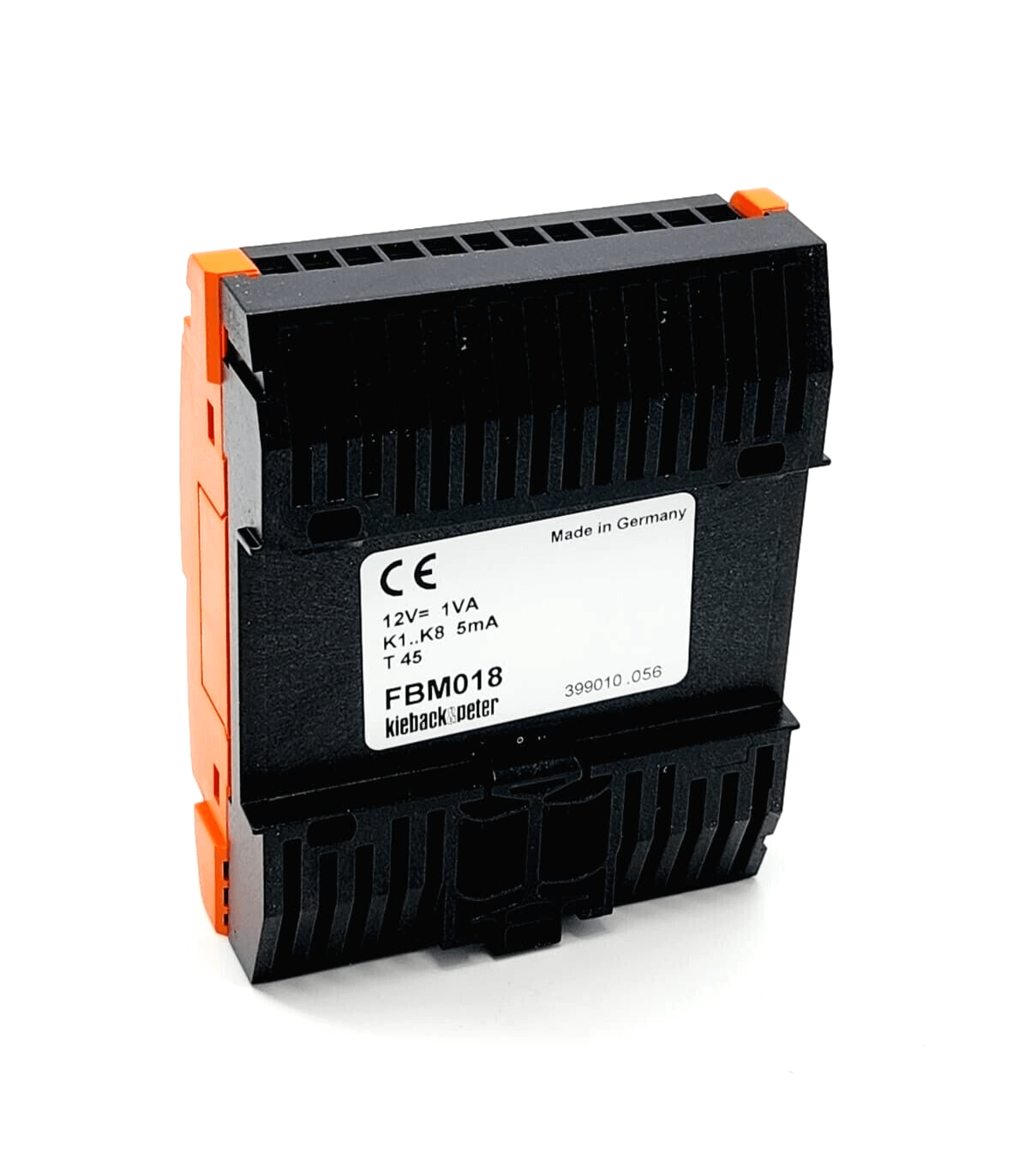 Kieback & Peter FBM018 Eingabe-Modul Feldbus with label showing specifications, including 12V DC operation, black and orange design.