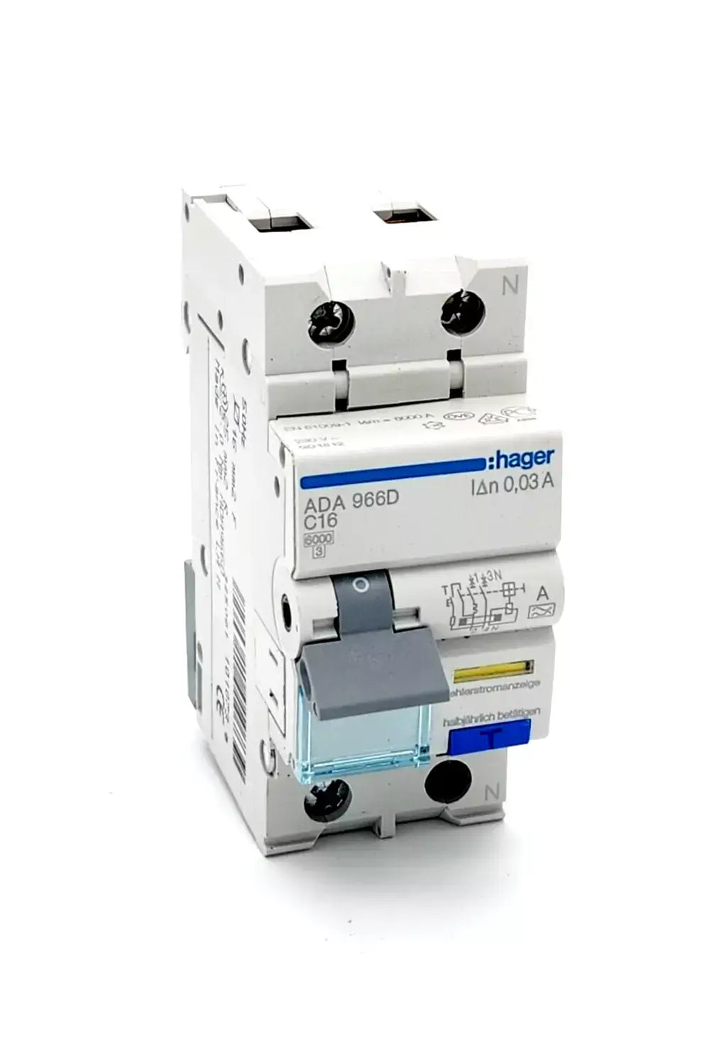 Hager ADA966D circuit breaker 1P+N, 6kA, C-16A, 30mA, Type A, safety switch with isolation voltage 500V and surge voltage strength 4kV.
