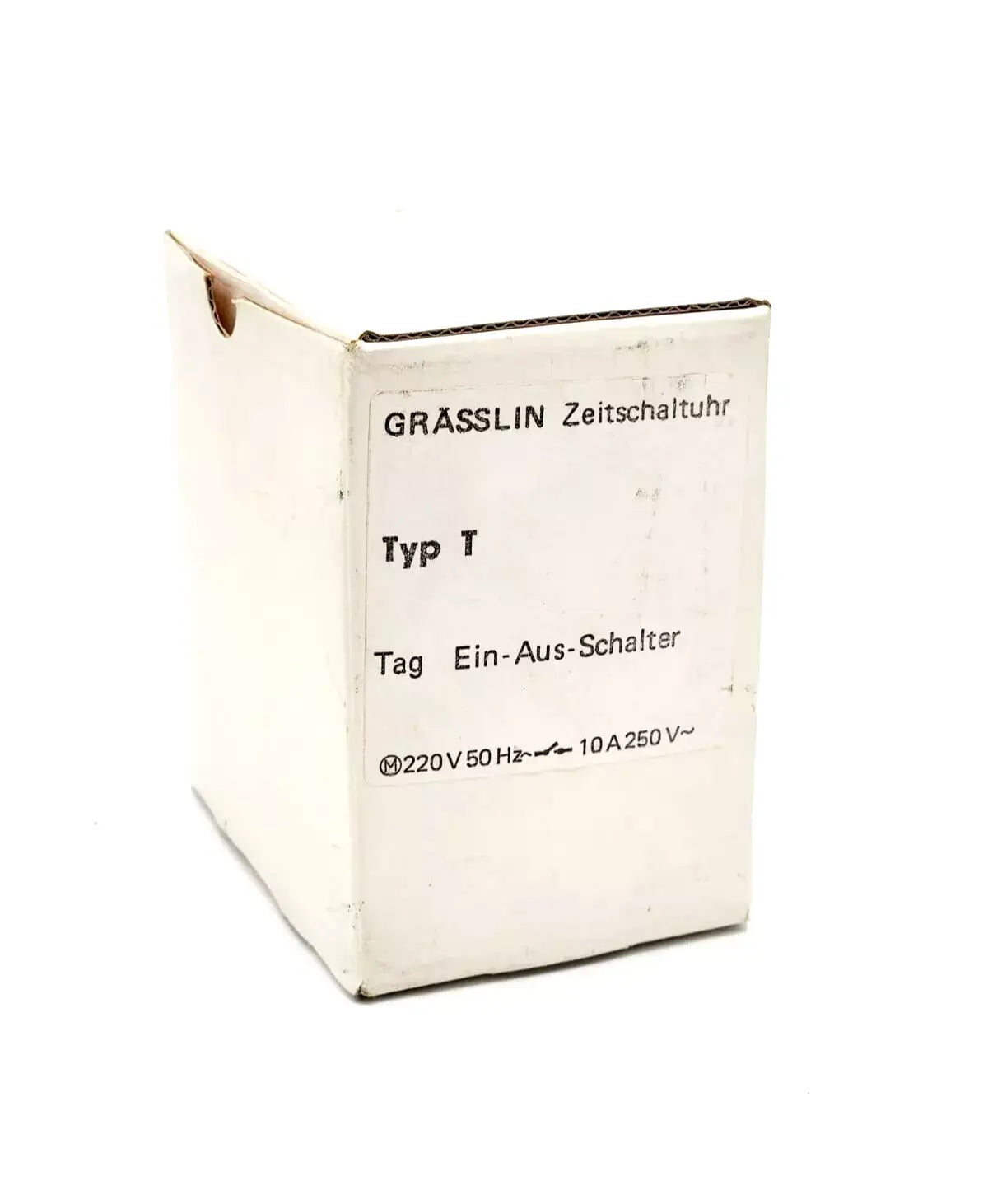 Grässlin Zeitschaltuhr Typ T packaging showing specifications: 220V, 50Hz, 10A, 250V. In-stock and ready for fast delivery.