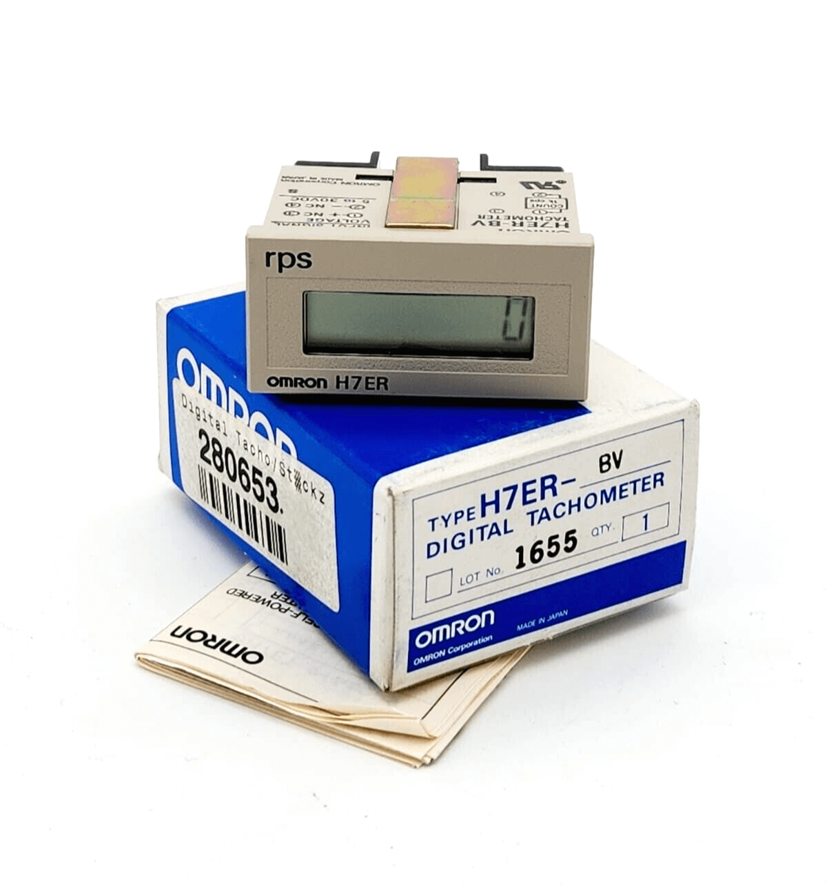 Omron H7ER-BV LCD Digital Tachometer 1655 with packaging, compact design for improved reliability and DC compatibility.
