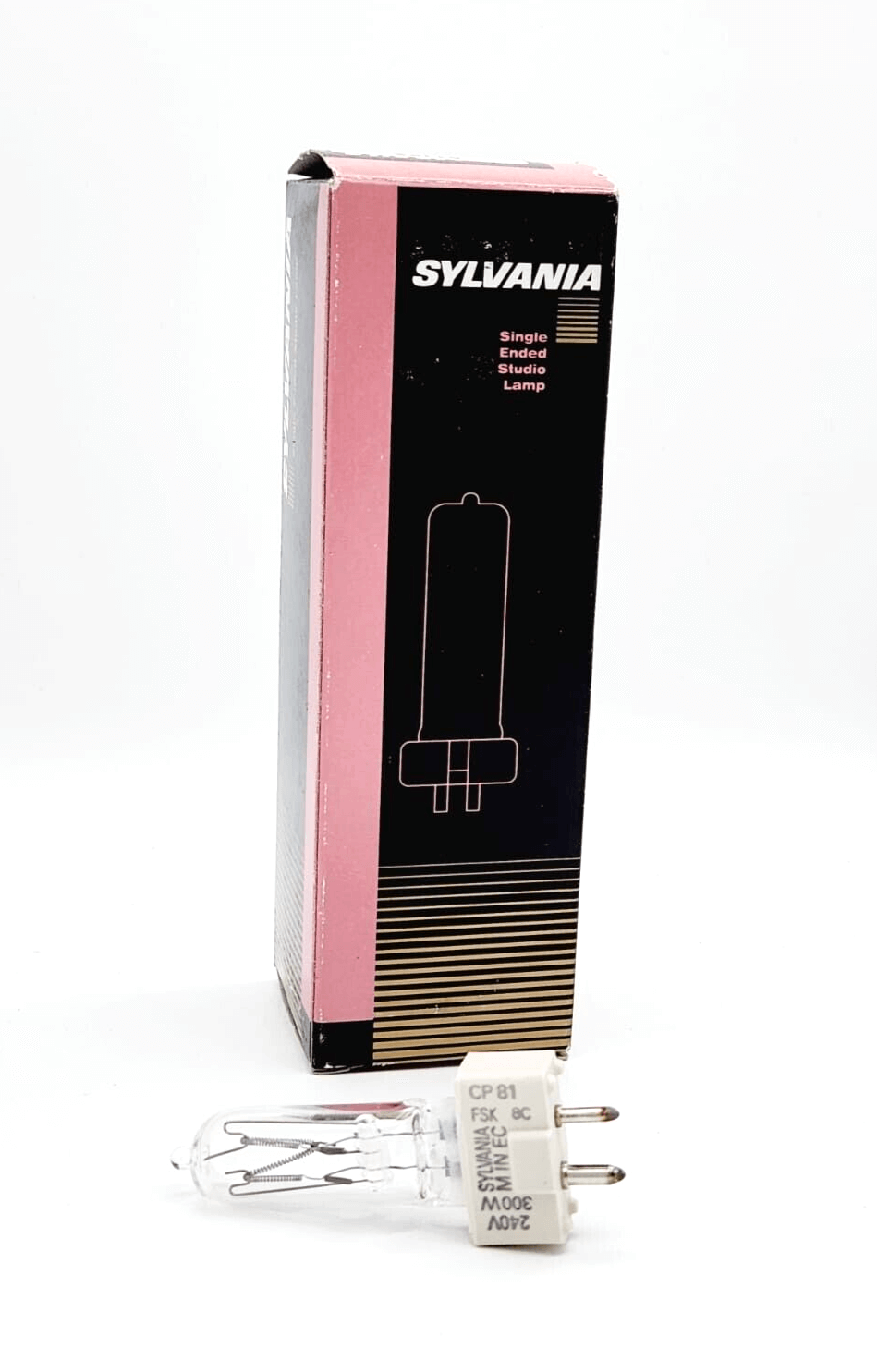 Sylvania 61122 CP81 Halogen Lamp 300W 240V with GY9.5 base, shown in packaging and bulb detail.