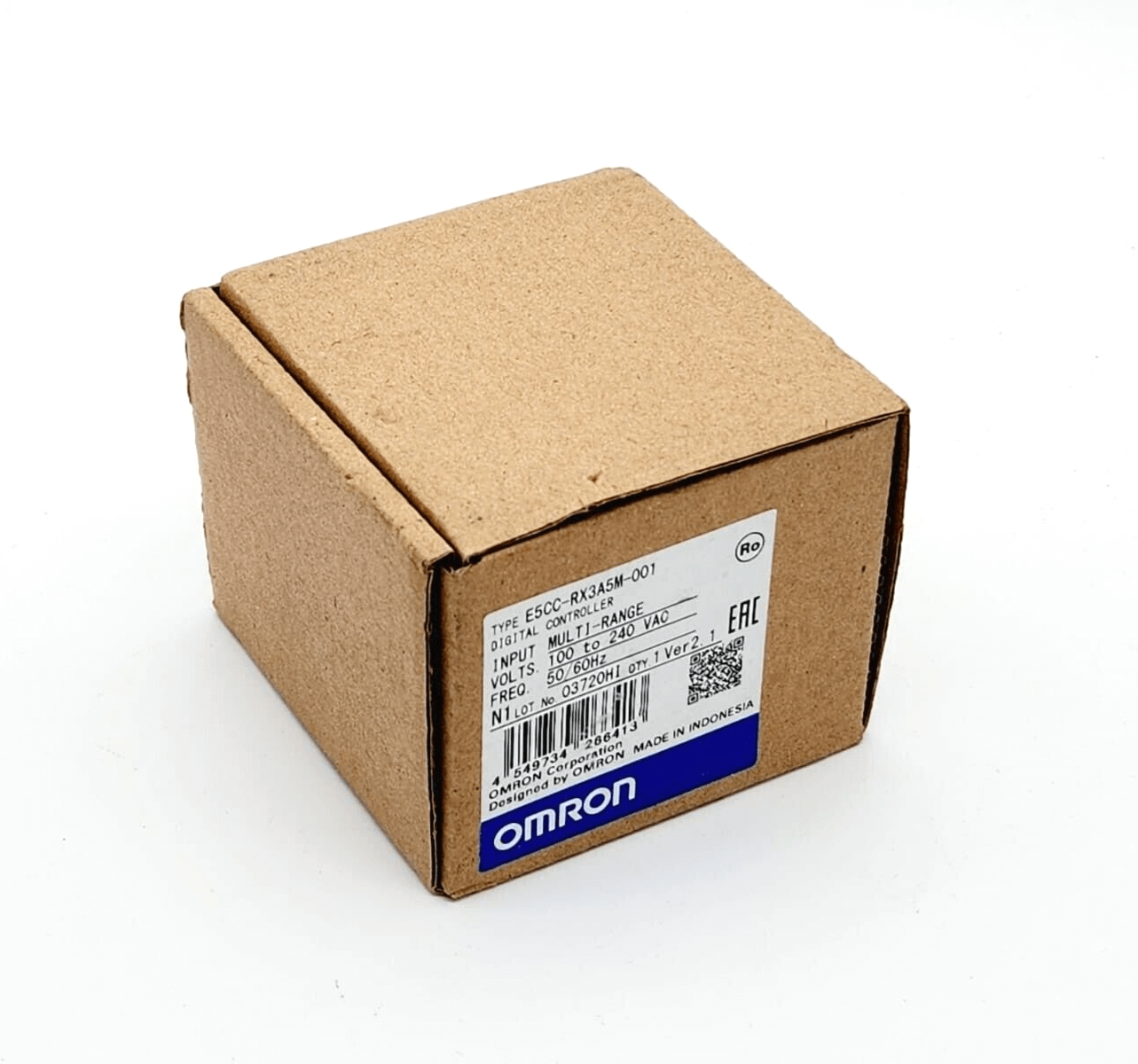 Omron E5CC-RX3A5M-001 temperature controller packaging with product label visible