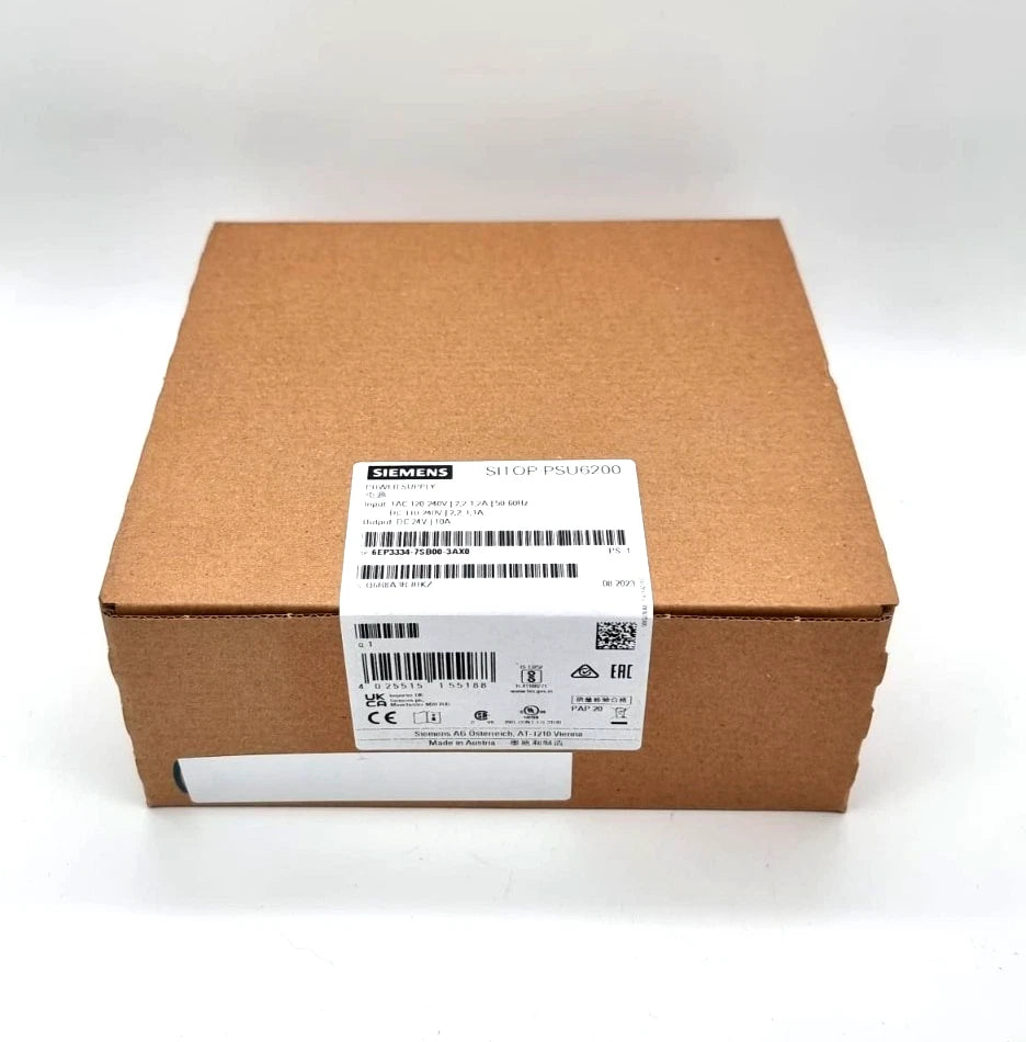 Brown box of Siemens 6EP3334-7SB00-3AX0 SITOP PSU6200 24 V/10 A Stromversorgung | sealed, shown with product label on top.