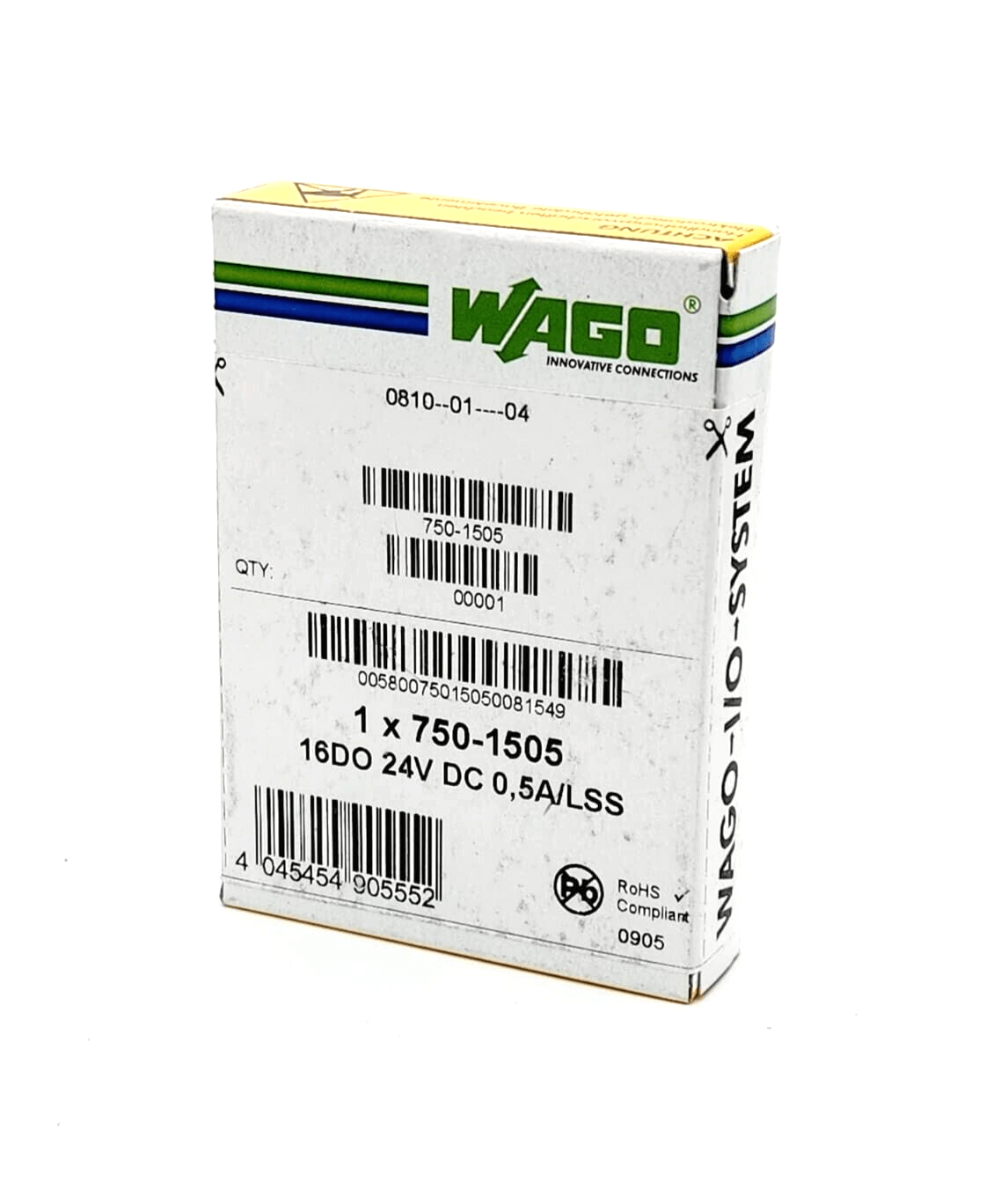 Wago 750-1505 package, 16-channel digital output, DC 24V, 0.5A, negativschaltend, suitable for industrial use.