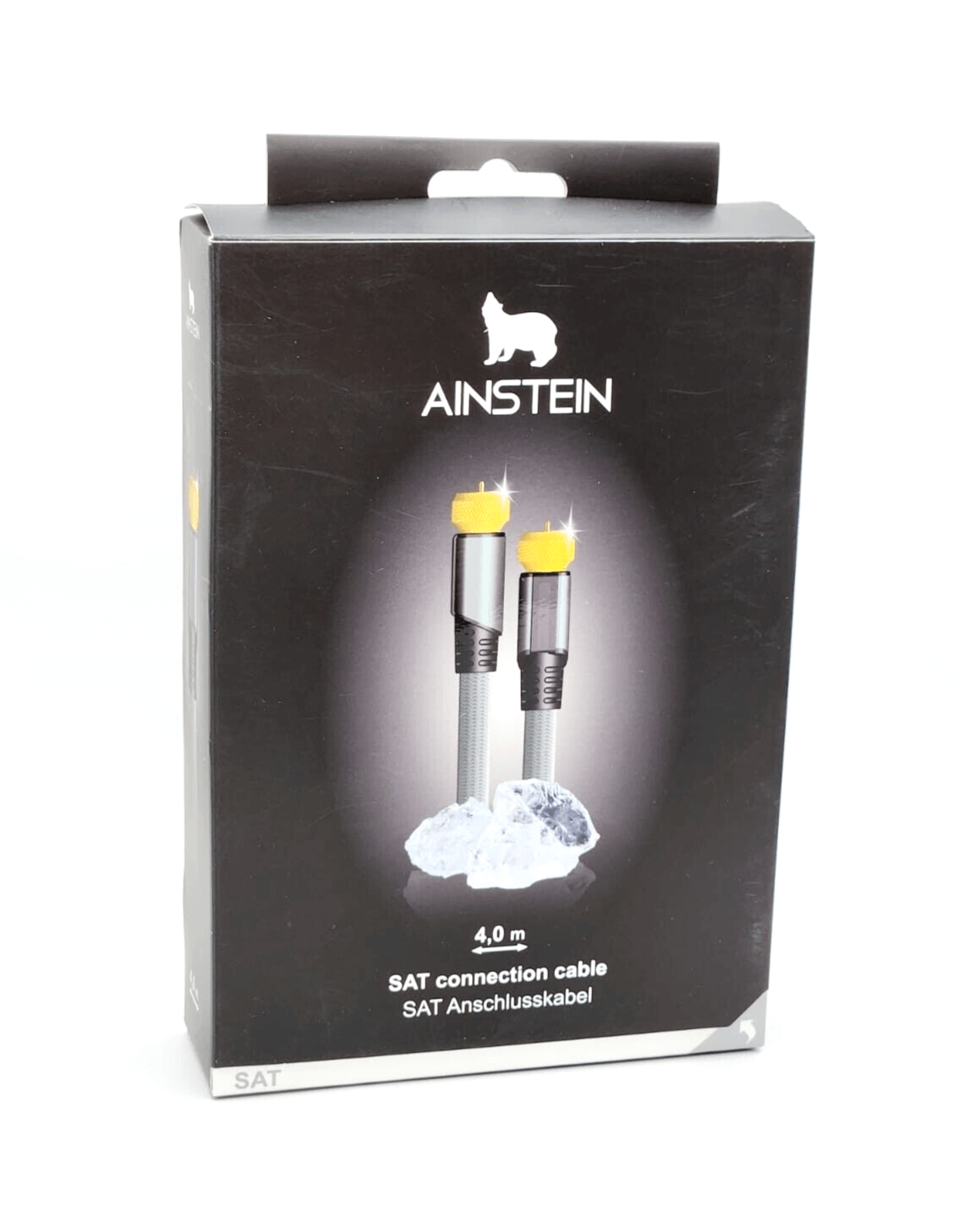 Ainstein 4m SAT-Anschlusskabel packaging with gold-plated F-Stecker connectors, 75Ω, in grey, enhancing satellite connection quality.