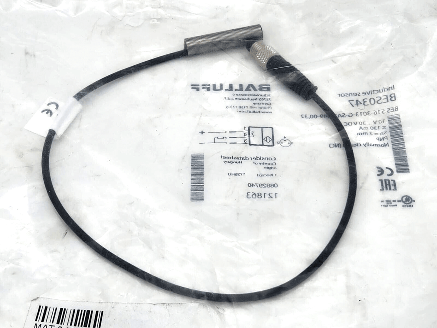 Balluff BES0347 inductive sensor with cable, model BES 516-3013-G-SA2-S49-00,32, stainless steel housing, on packaging